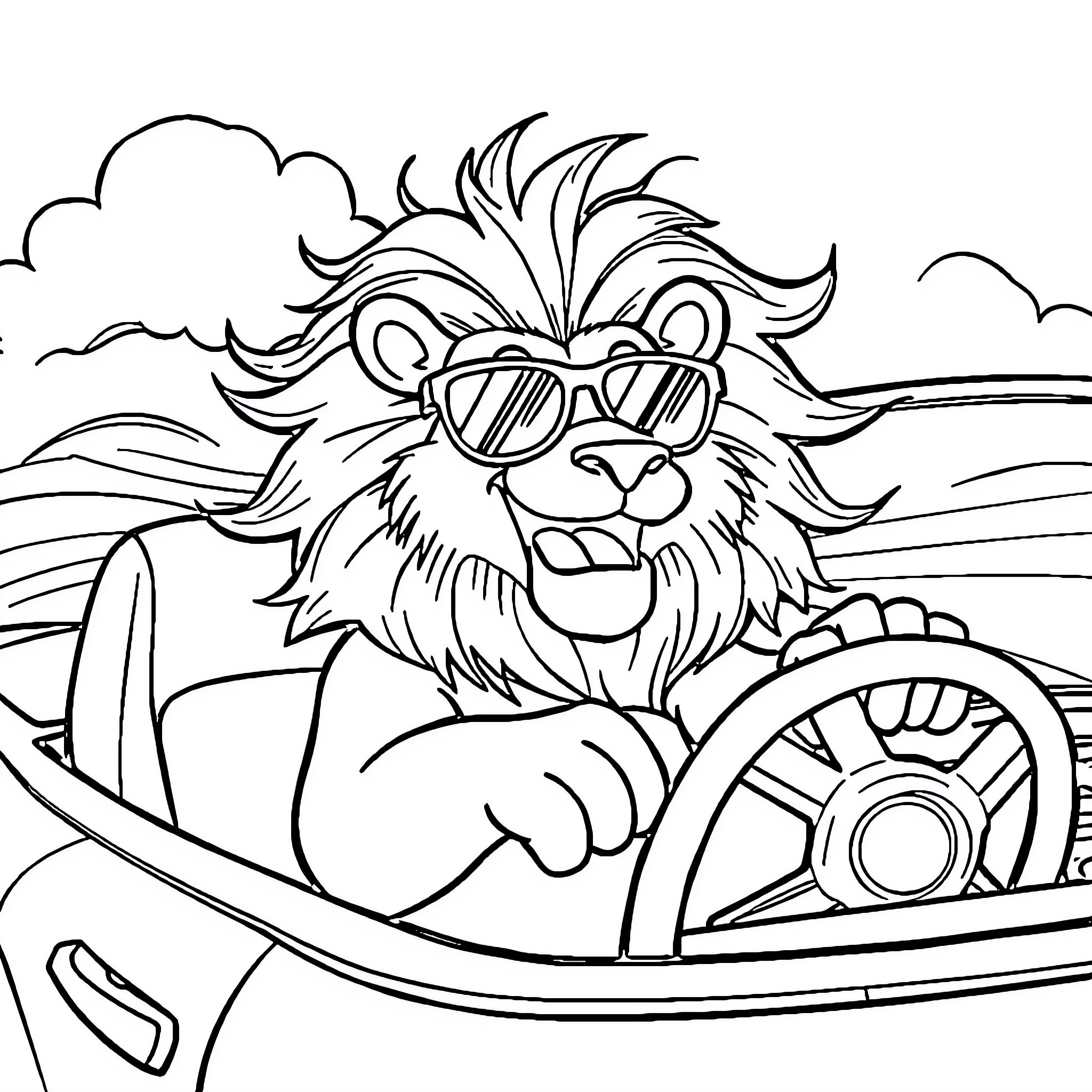 Lion driving a car with sunglasses Coloring Page (free black-and-white line drawing printable PDF for all, from beginners to advanced learners, including children, teens, adults, and seniors)