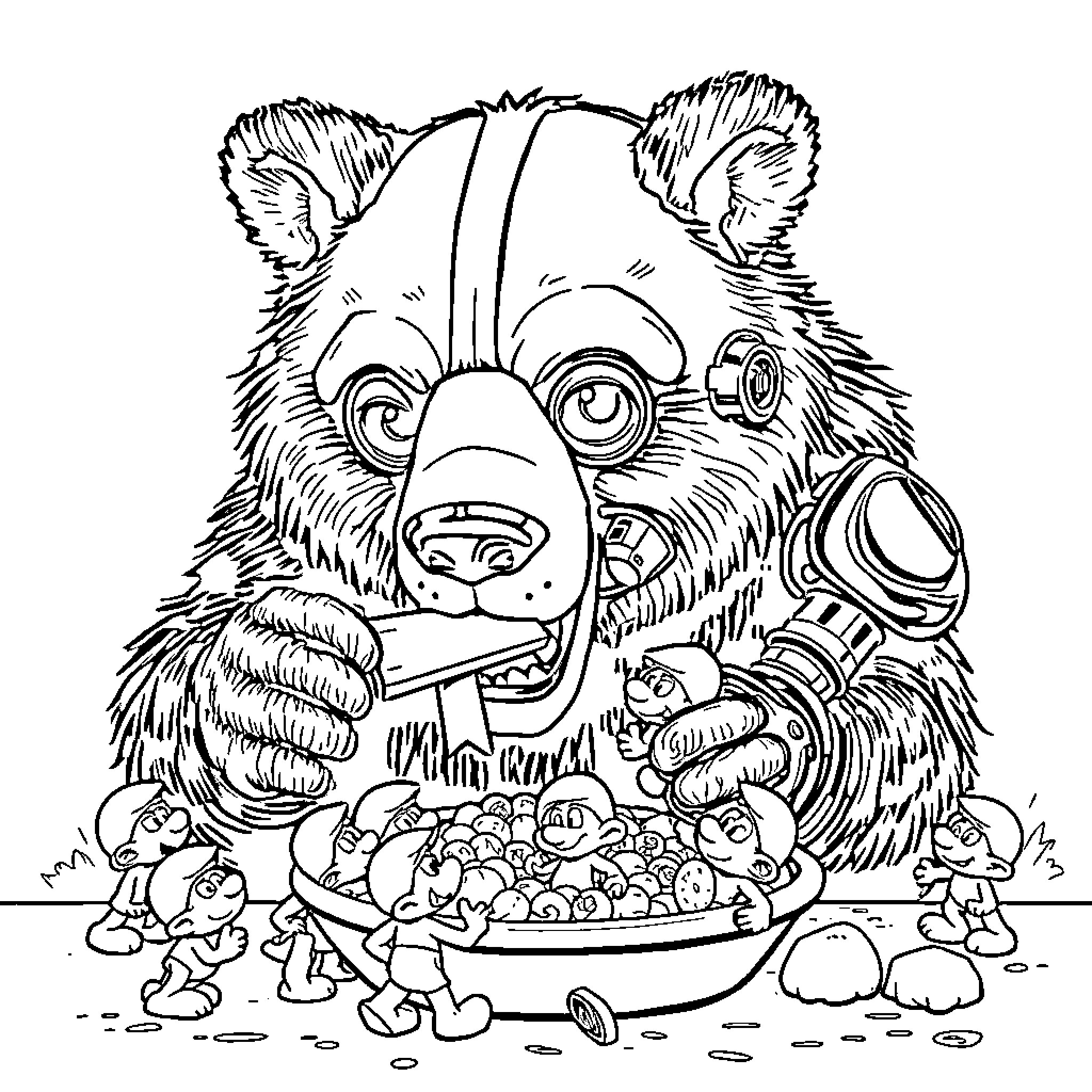 Cyborg Bear serving snacks to curious critters Coloring Page (free black-and-white line drawing printable PDF for all, from beginners to advanced learners, including children, teens, adults, and seniors)