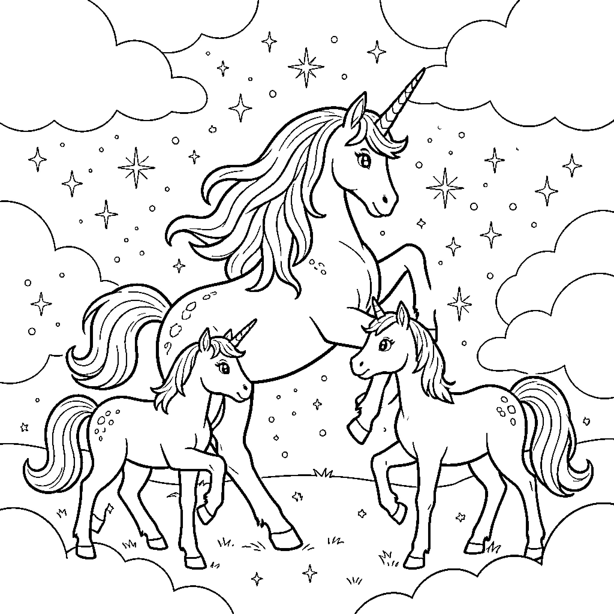 Unicorn family standing together under a starry sky Coloring Page (free black-and-white line drawing printable PDF for all, from beginners to advanced learners, including children, teens, adults, and seniors)