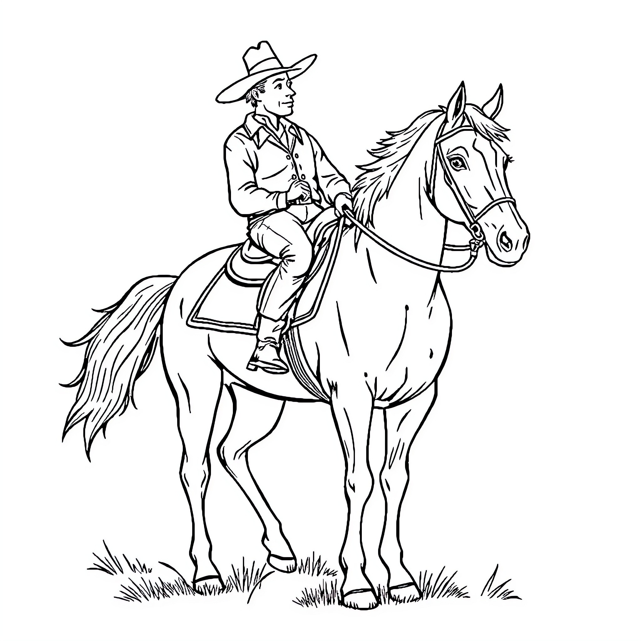 Horse Rider in Western Outfit Atop a Majestic Steed Coloring Page (free black-and-white line drawing printable PDF for all, from beginners to advanced learners, including children, teens, adults, and seniors)