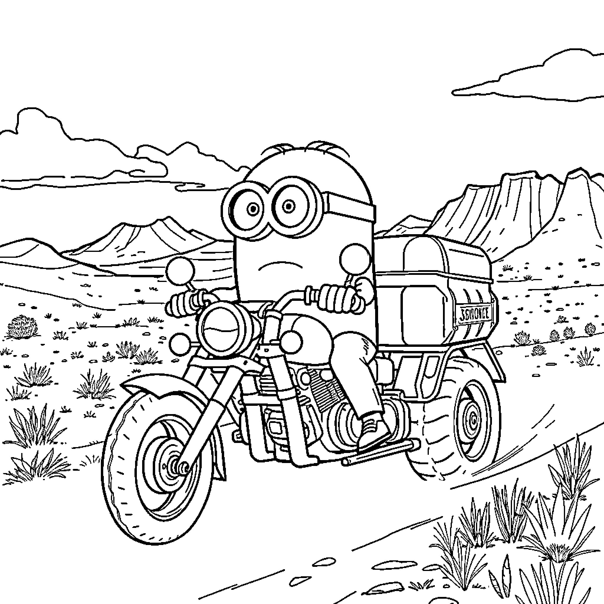 Minion riding a motorcycle through a desert landscape Coloring Page (free black-and-white line drawing printable PDF for all, from beginners to advanced learners, including children, teens, adults, and seniors)