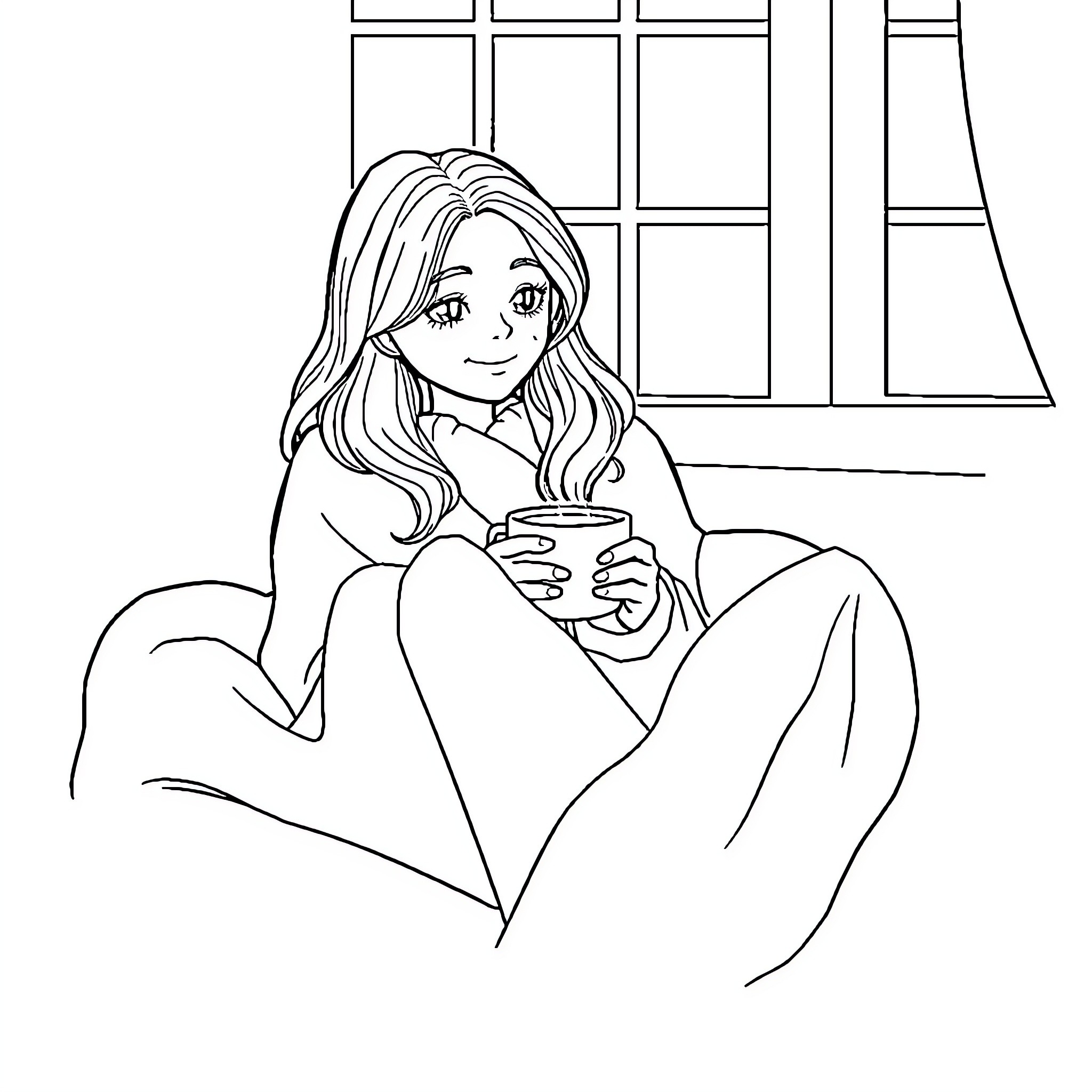Girl enjoying a warm drink by the window Coloring Page (free black-and-white line drawing printable PDF for all, from beginners to advanced learners, including children, teens, adults, and seniors)