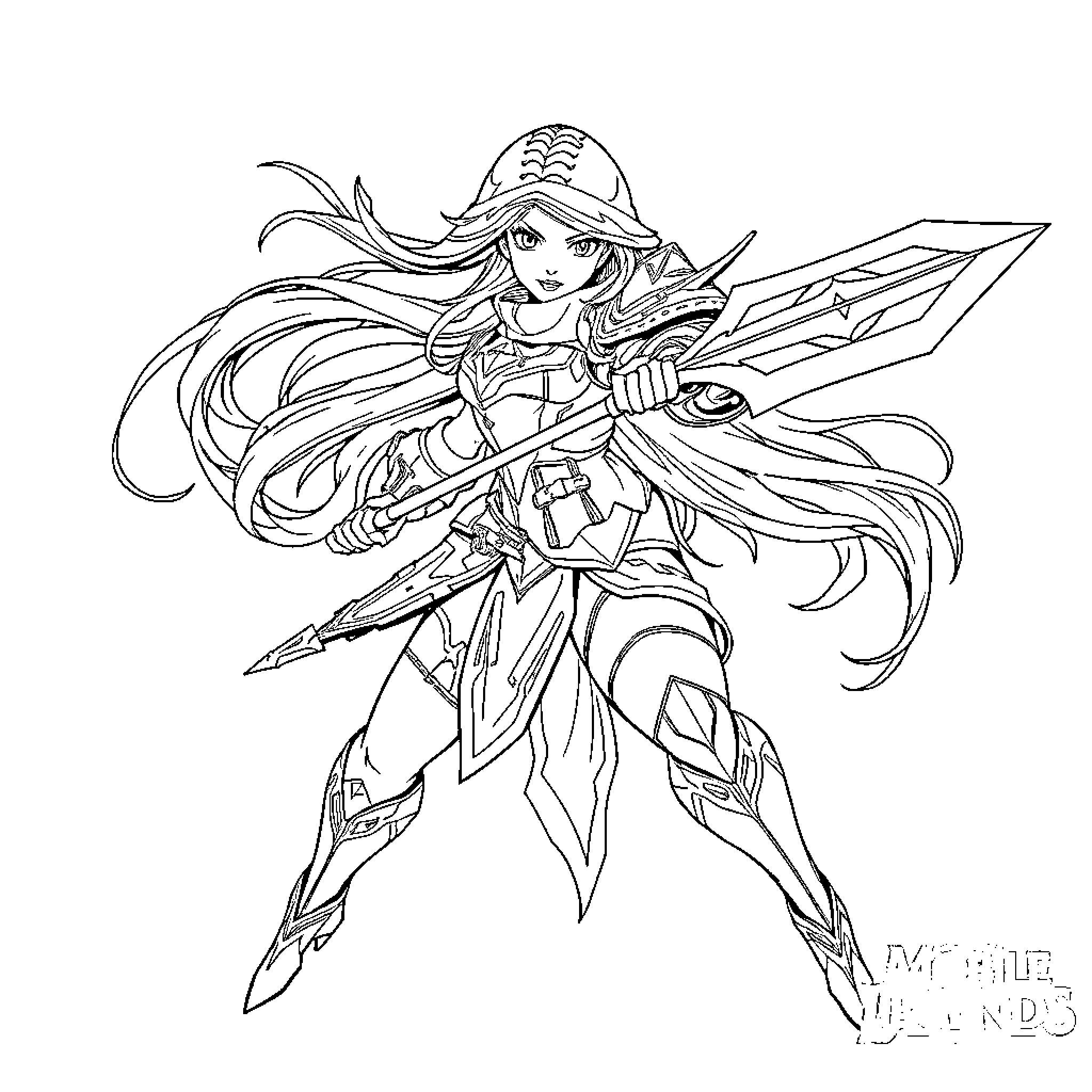 Benedetta the Warrior Princess in Action Coloring Page (free black-and-white line drawing printable PDF for all, from beginners to advanced learners, including children, teens, adults, and seniors)