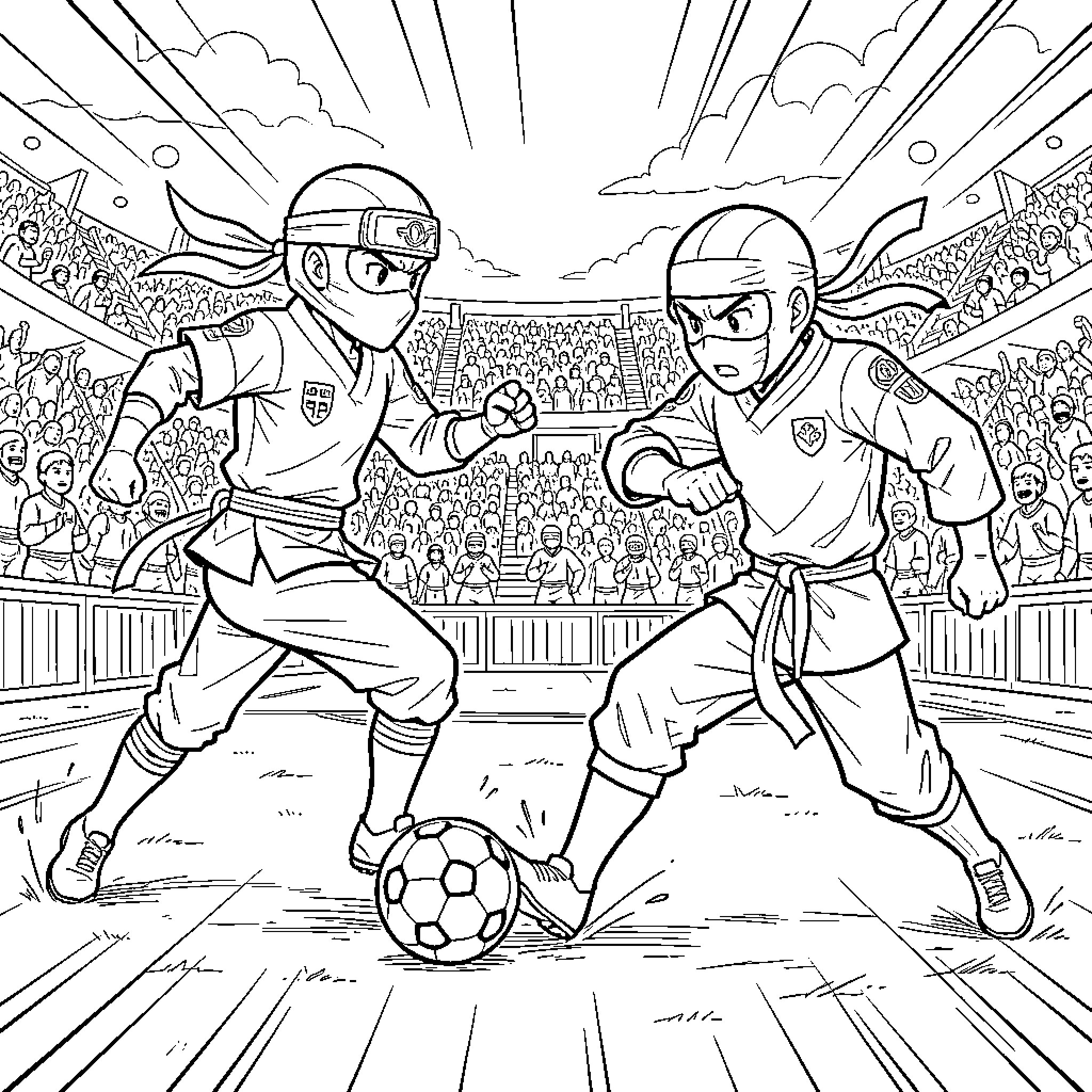 Ninja soccer players competing on the field Coloring Page (free black-and-white line drawing printable PDF for all, from beginners to advanced learners, including children, teens, adults, and seniors)