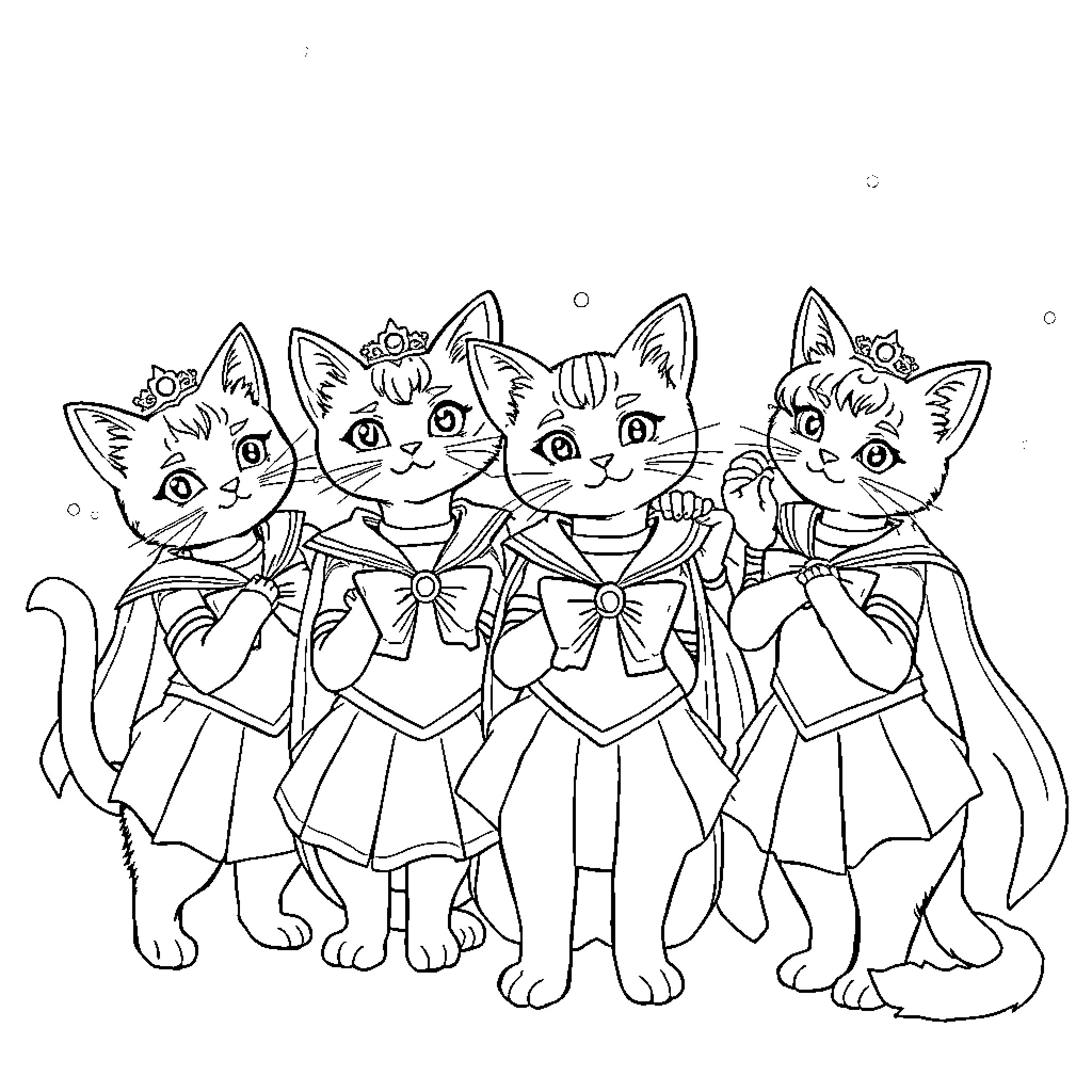 Cat sailor scouts in sailor moon outfits Coloring Page (free black-and-white line drawing printable PDF for all, from beginners to advanced learners, including children, teens, adults, and seniors)