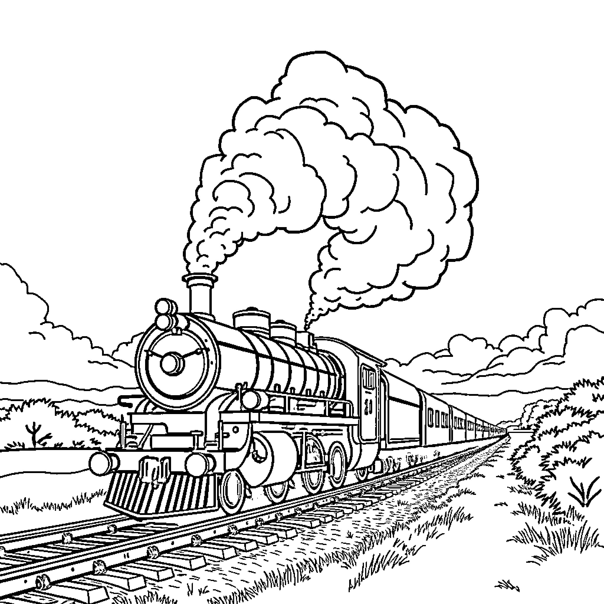Steam Train Travelling Through Scenic Landscape Coloring Page (free black-and-white line drawing printable PDF for all, from beginners to advanced learners, including children, teens, adults, and seniors)