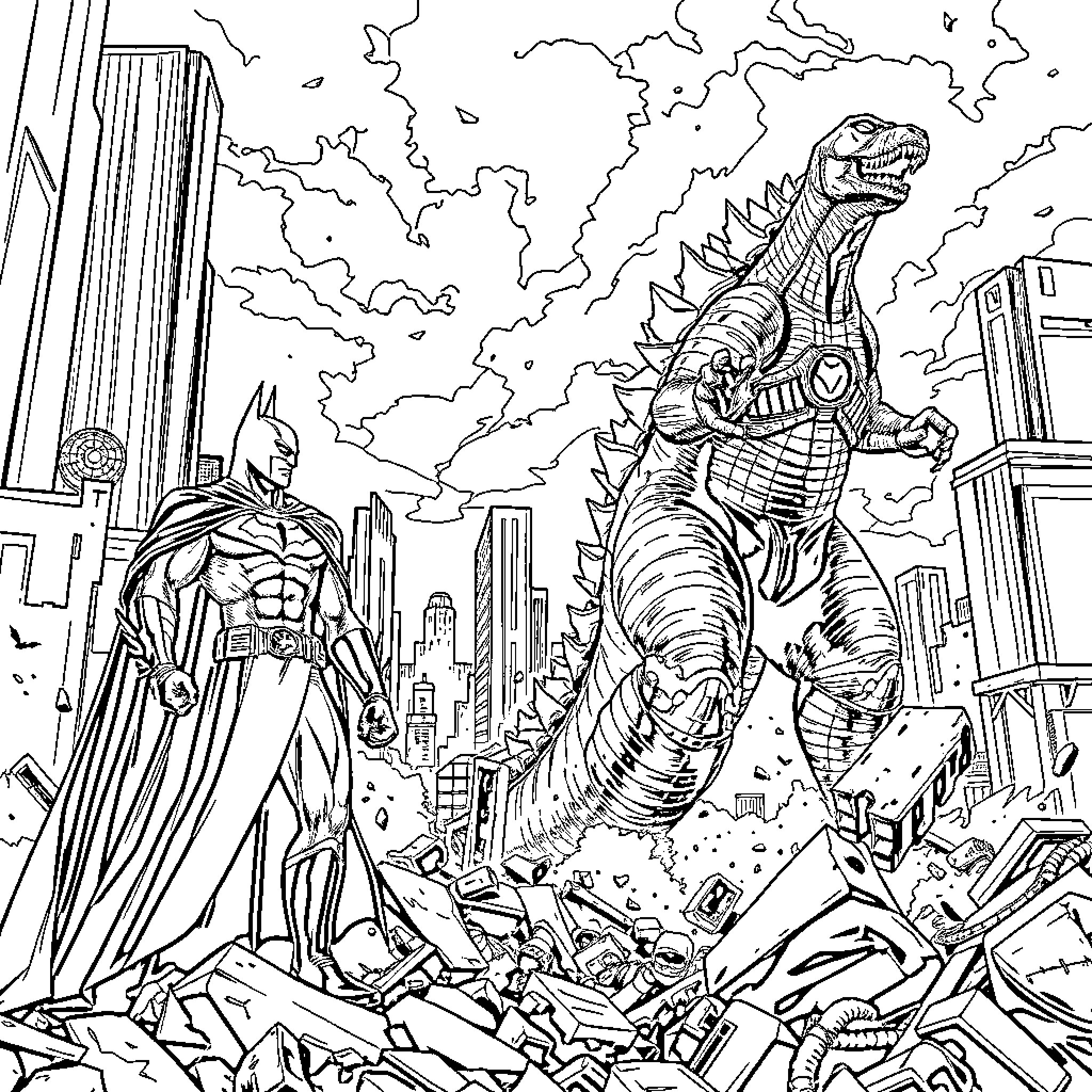 Batman battling a monstrous creature in a city skyline Coloring Page (free black-and-white line drawing printable PDF for all, from beginners to advanced learners, including children, teens, adults, and seniors)