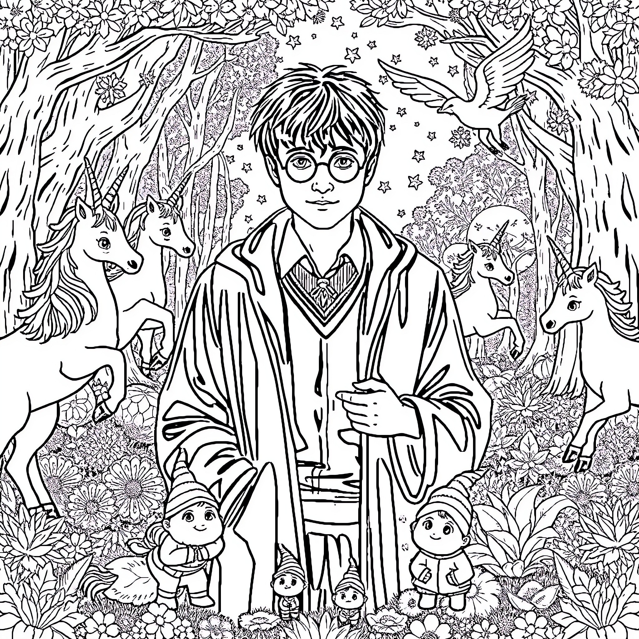 Gnome Harry Potter and magical creatures in the enchanted forest Coloring Page (free black-and-white line drawing printable PDF for all, from beginners to advanced learners, including children, teens, adults, and seniors)