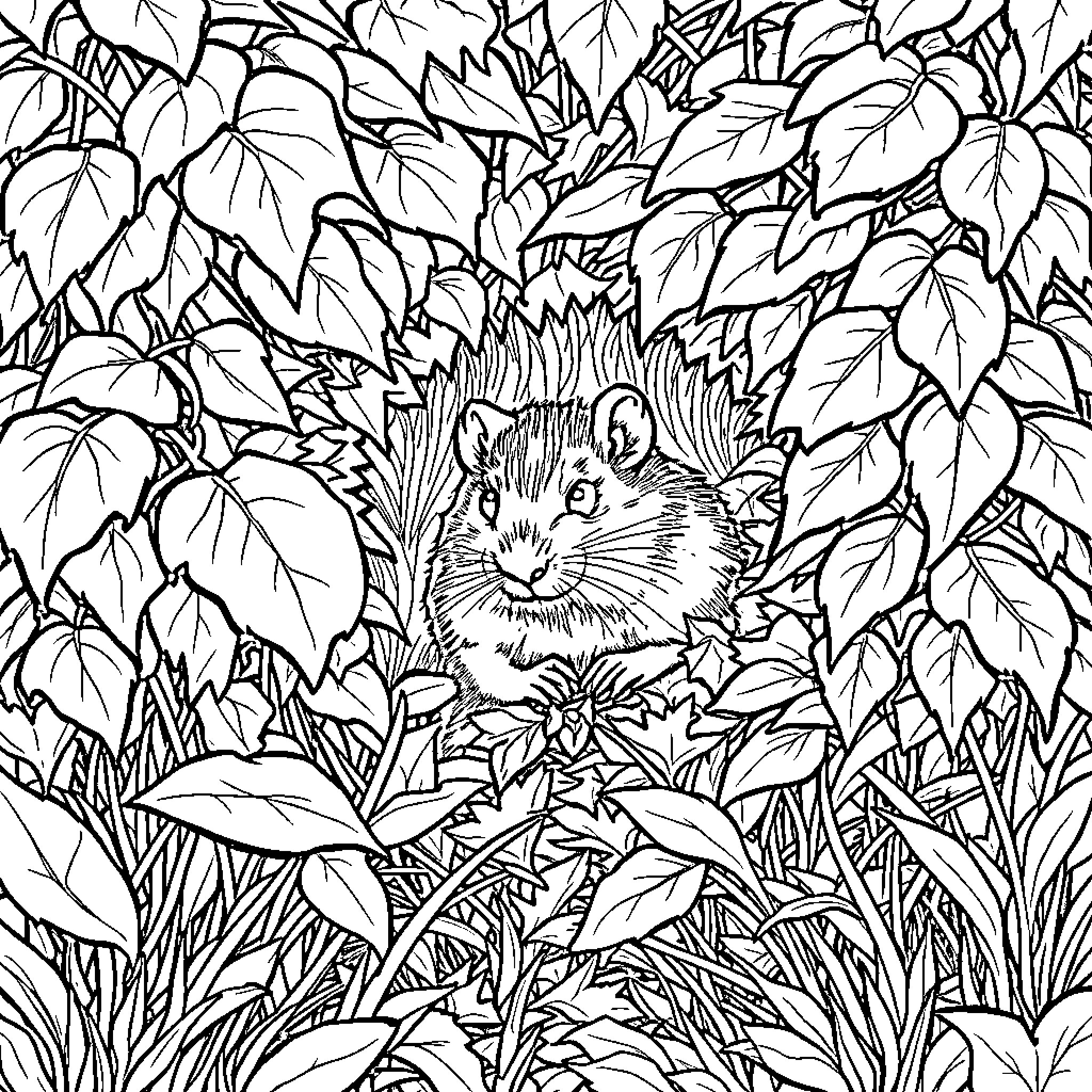 Musk Rat peering through the lush greenery Coloring Page (free black-and-white line drawing printable PDF for all, from beginners to advanced learners, including children, teens, adults, and seniors)