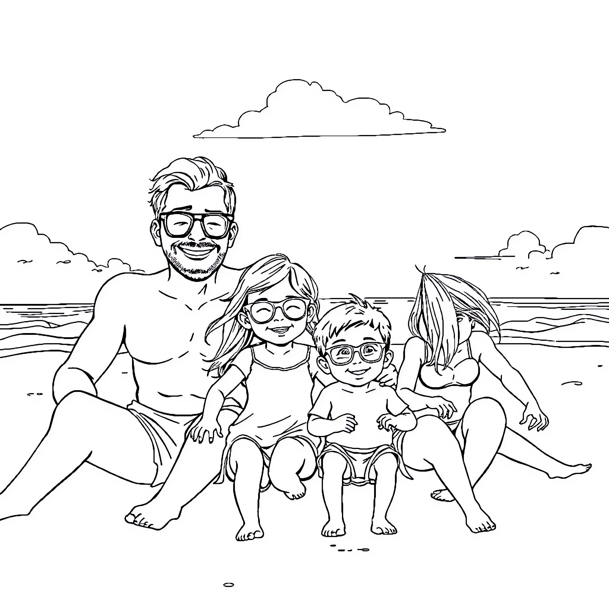 Family enjoying a sunny day at the beach Coloring Page (free black-and-white line drawing printable PDF for all, from beginners to advanced learners, including children, teens, adults, and seniors)