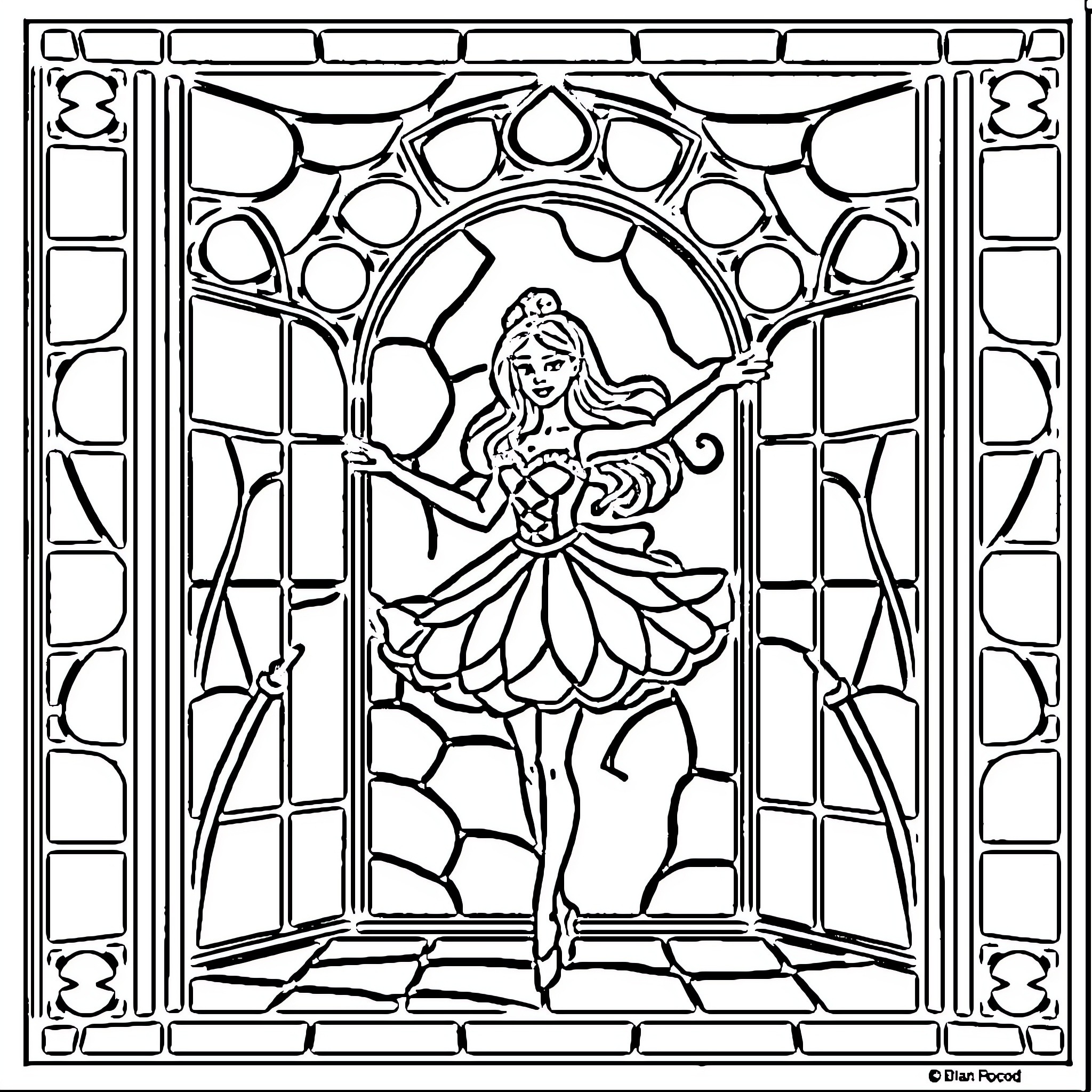 Barbie in a Stained Glass Window Pose Coloring Page (free black-and-white line drawing printable PDF for all, from beginners to advanced learners, including children, teens, adults, and seniors)
