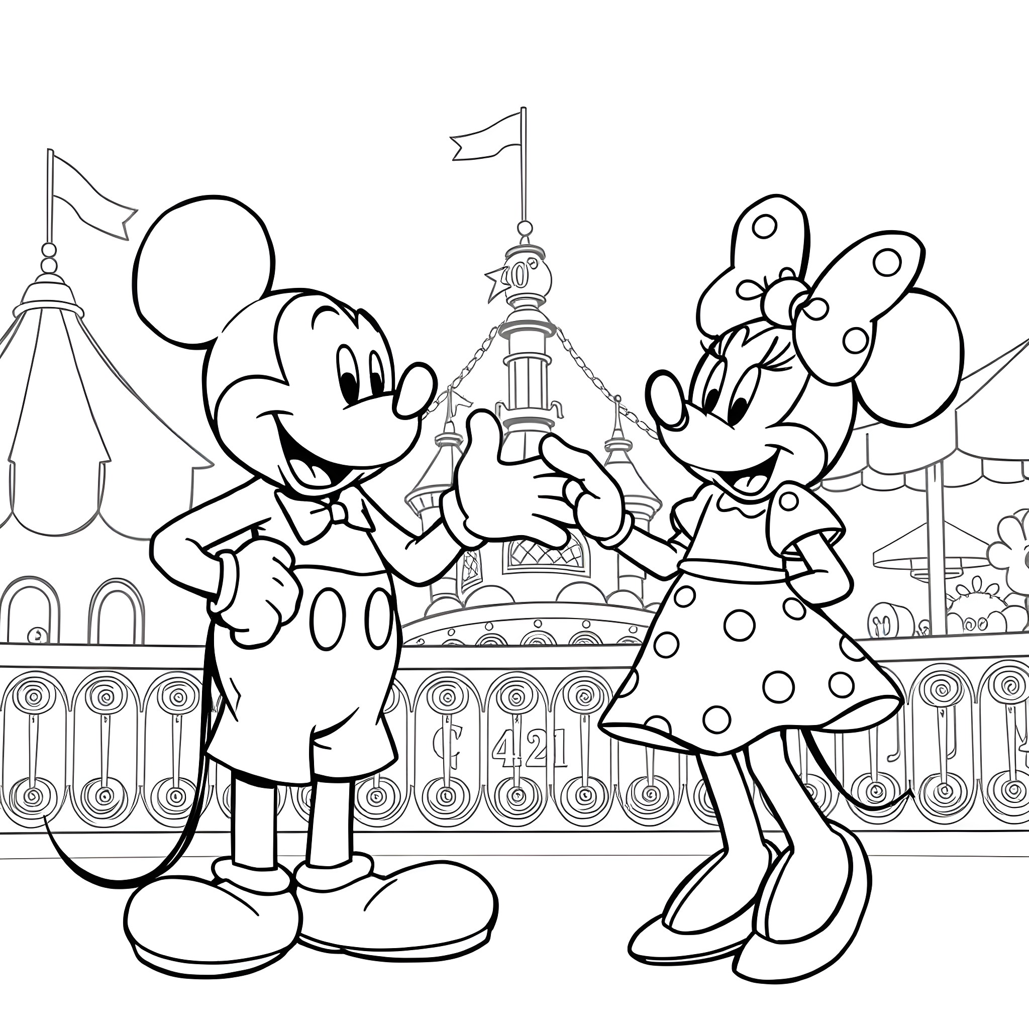 Mickey Mouse and Minnie Mouse at Disney Park Coloring Page (free black-and-white line drawing printable PDF for all, from beginners to advanced learners, including children, teens, adults, and seniors)