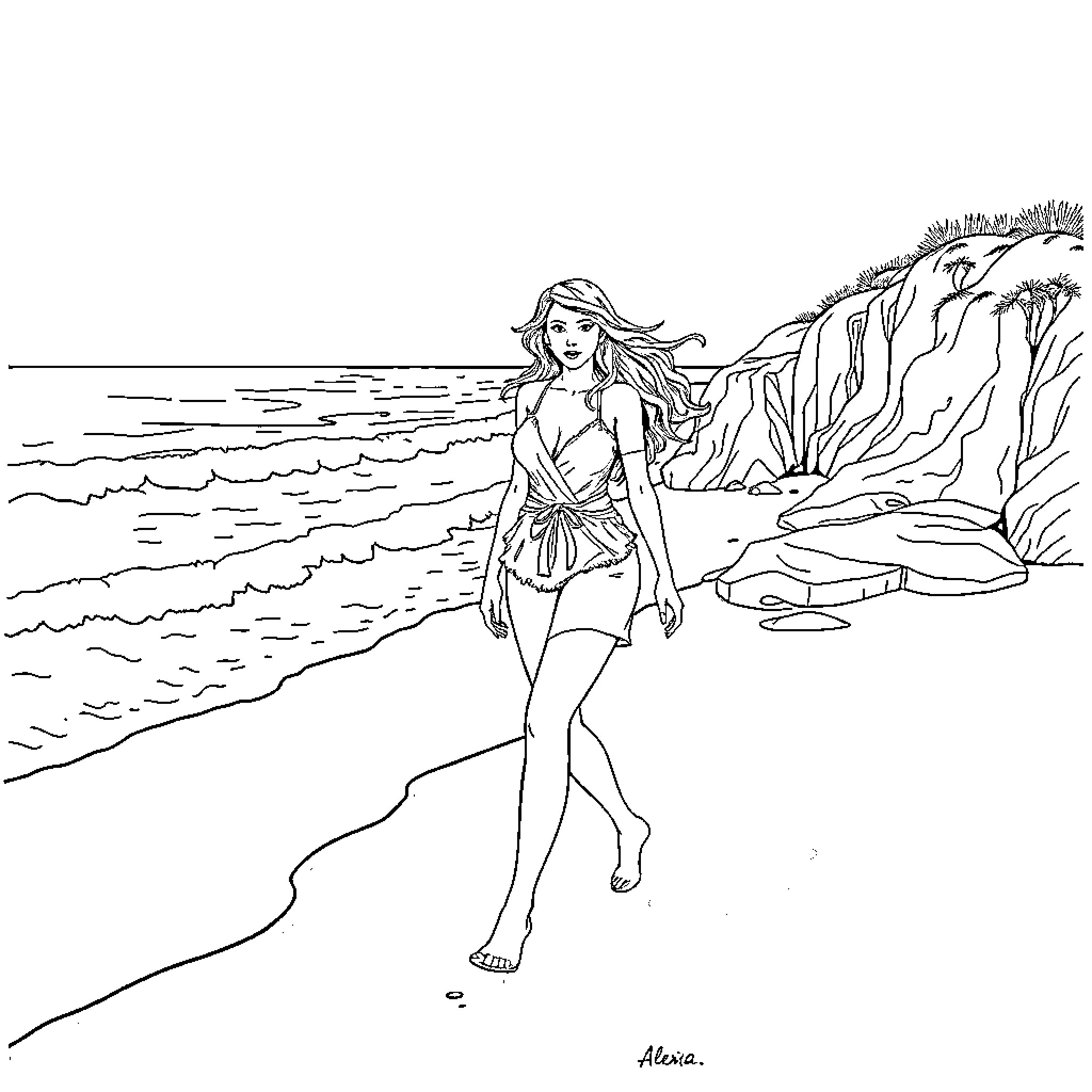 Alexa Bliss enjoying the beach scenery Coloring Page (free black-and-white line drawing printable PDF for all, from beginners to advanced learners, including children, teens, adults, and seniors)