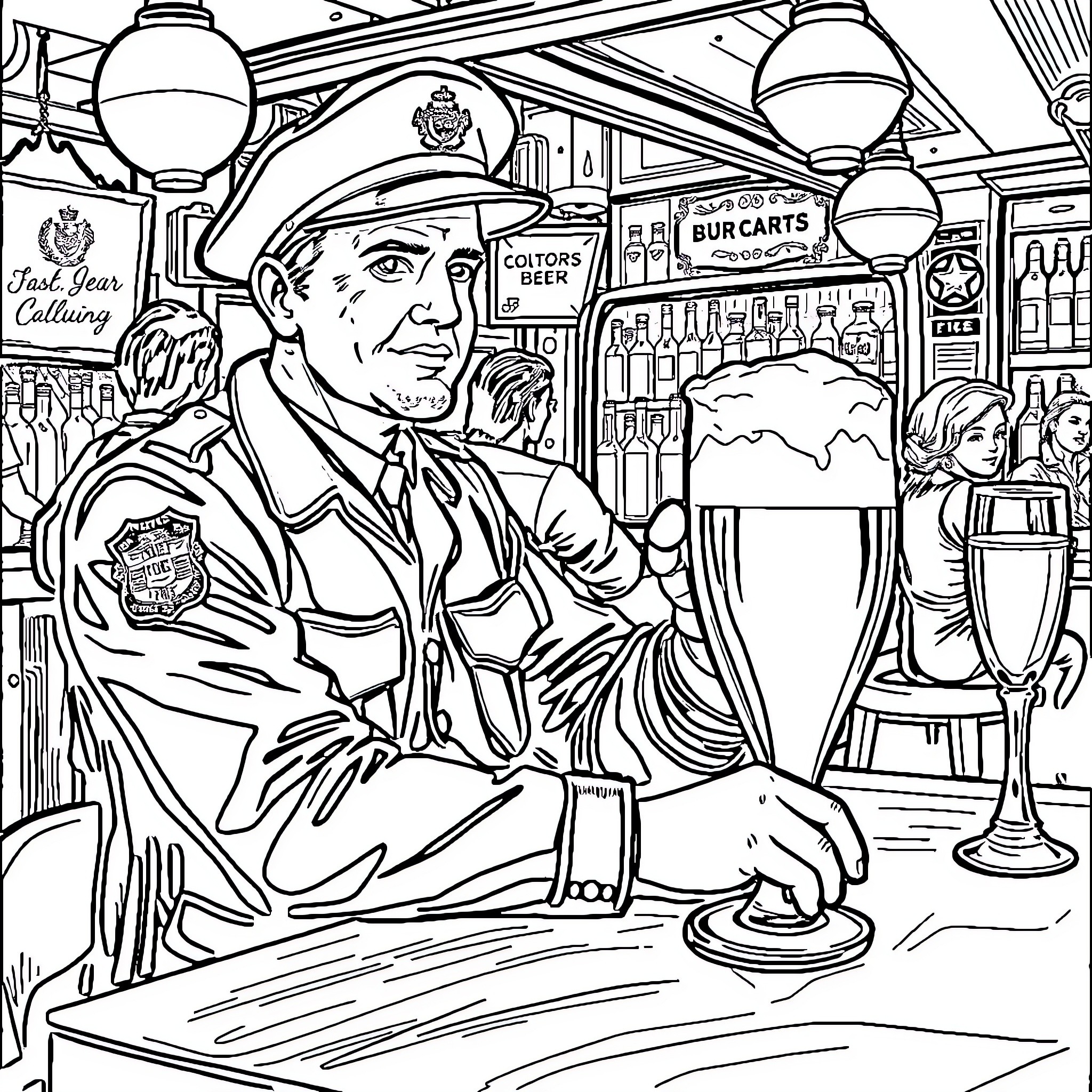 Customs Officer Checking Documentation at Border Crossing Coloring Page (free black-and-white line drawing printable PDF for all, from beginners to advanced learners, including children, teens, adults, and seniors)