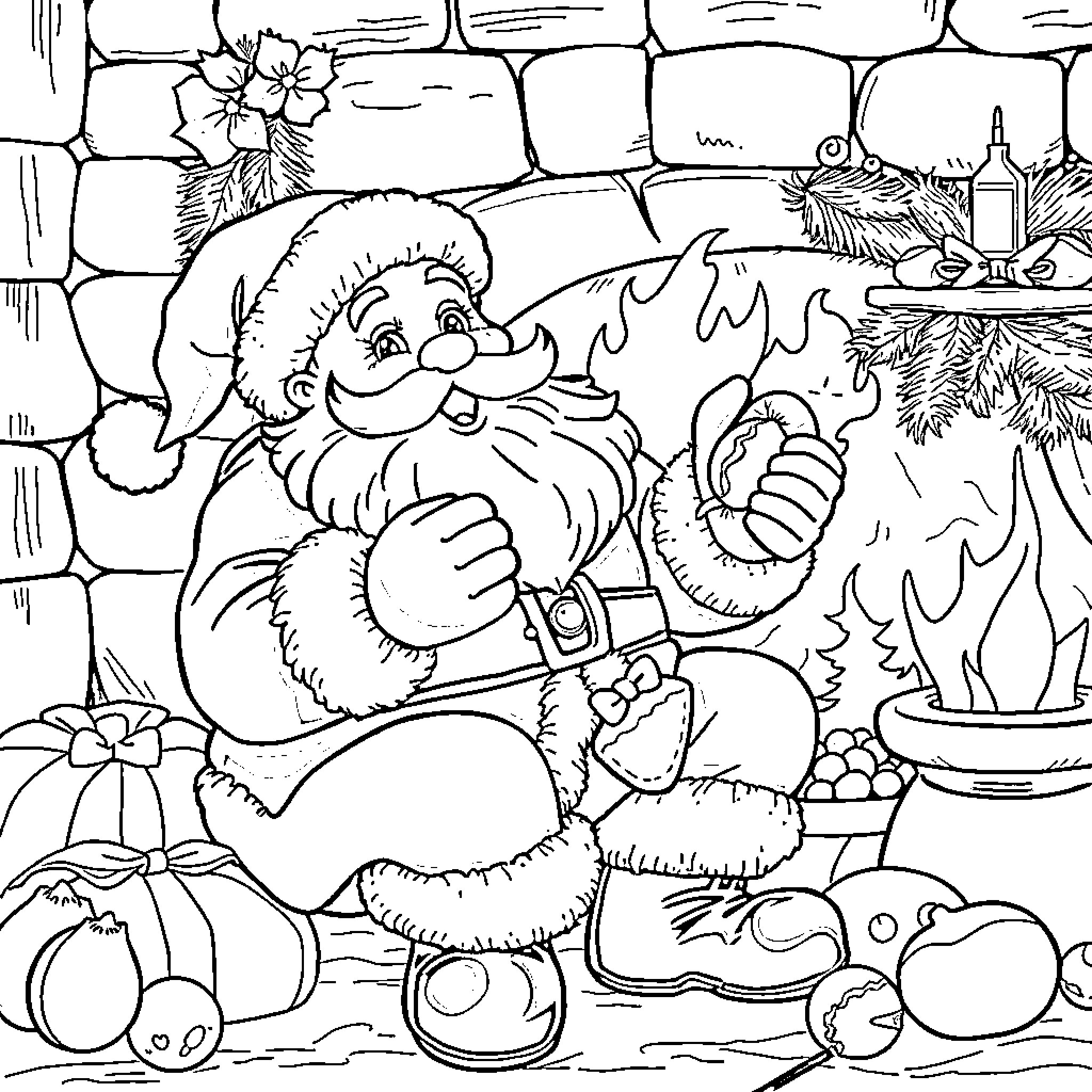 Santa Claus preparing for Christmas in his cozy cottage Coloring Page (free black-and-white line drawing printable PDF for all, from beginners to advanced learners, including children, teens, adults, and seniors)