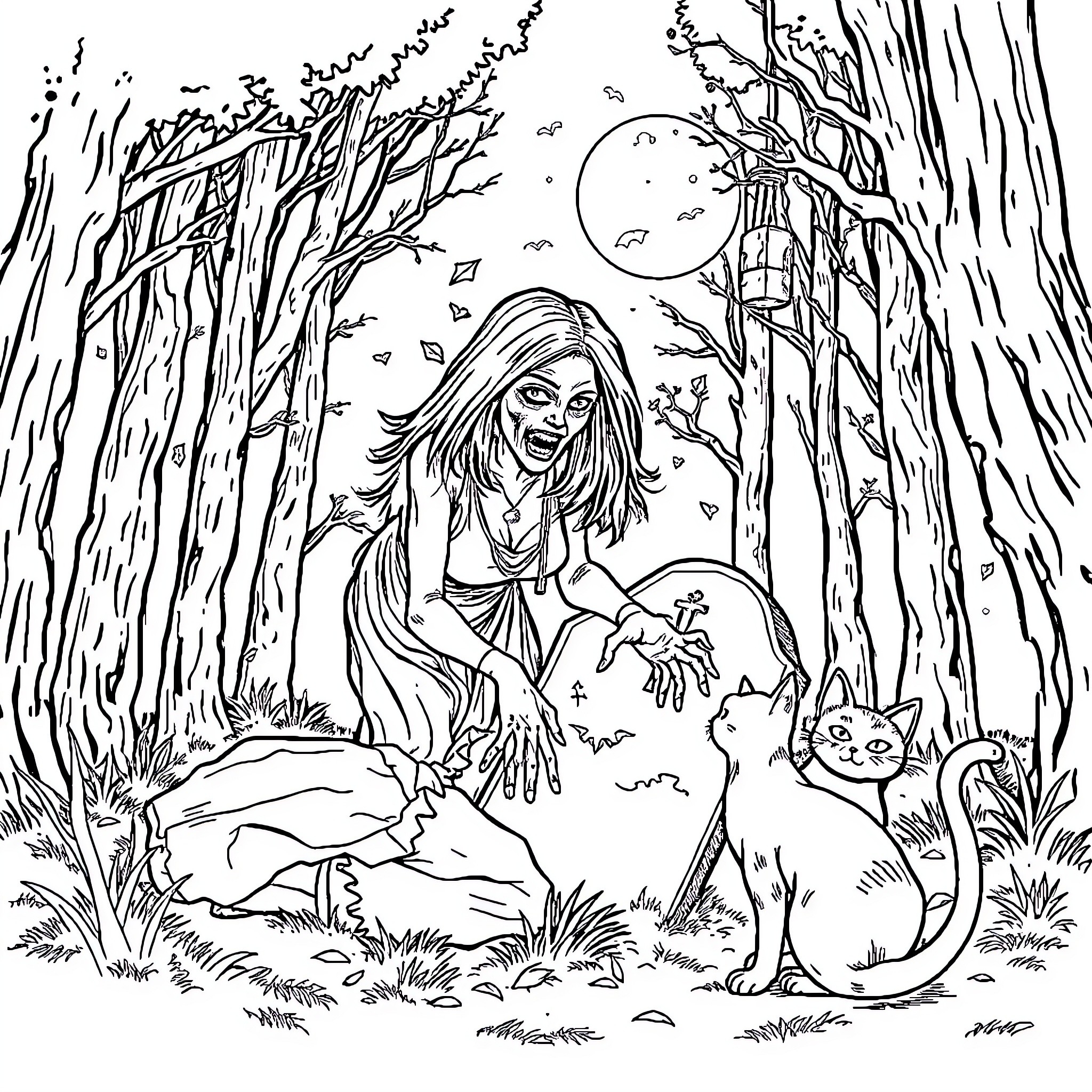 Zombie Woman Encounters Feline Companion in Haunting Forest Landscape Coloring Page (free black-and-white line drawing printable PDF for all, from beginners to advanced learners, including children, teens, adults, and seniors)