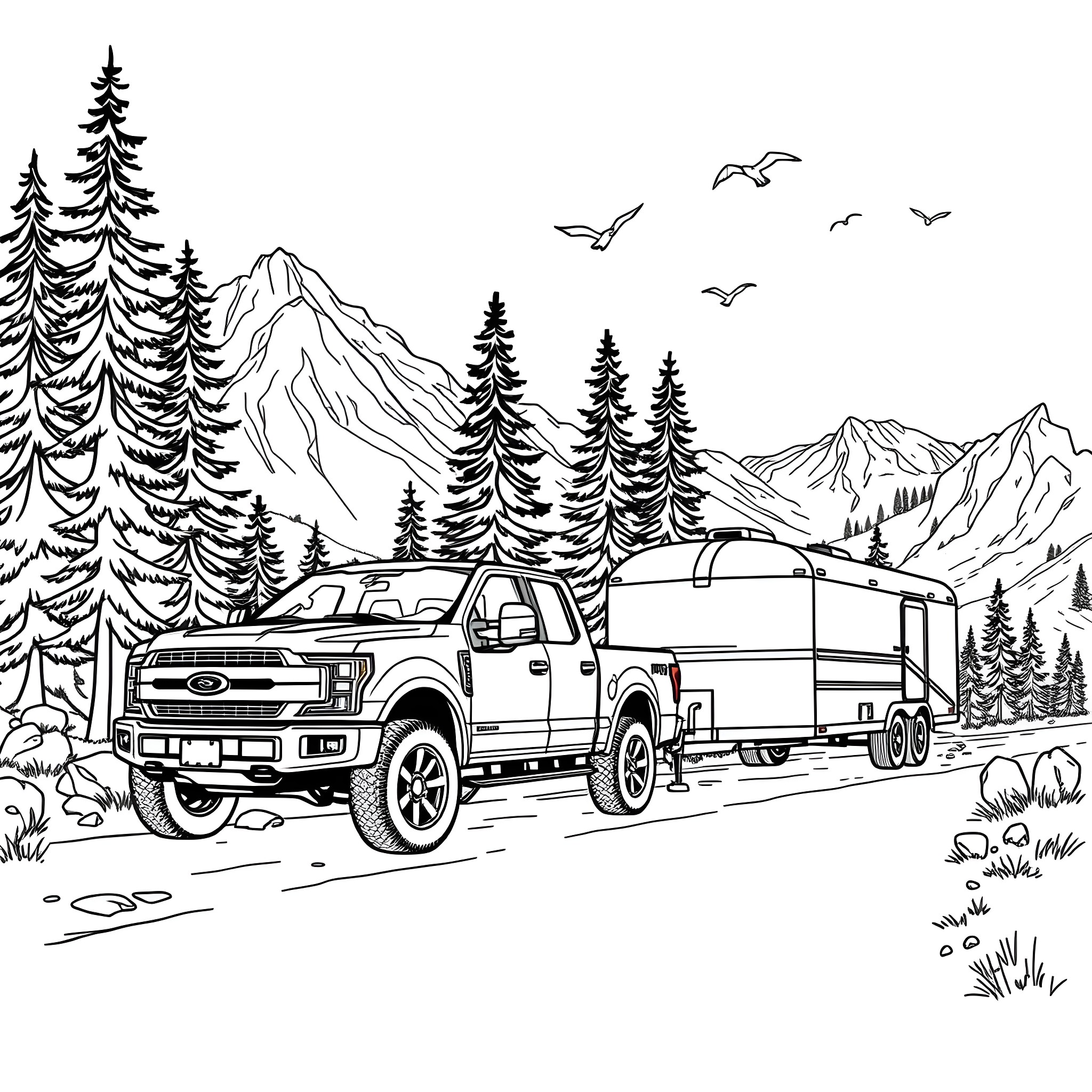 Pickup Truck Towing Camper in Scenic Mountain Landscape Coloring Page (free black-and-white line drawing printable PDF for all, from beginners to advanced learners, including children, teens, adults, and seniors)