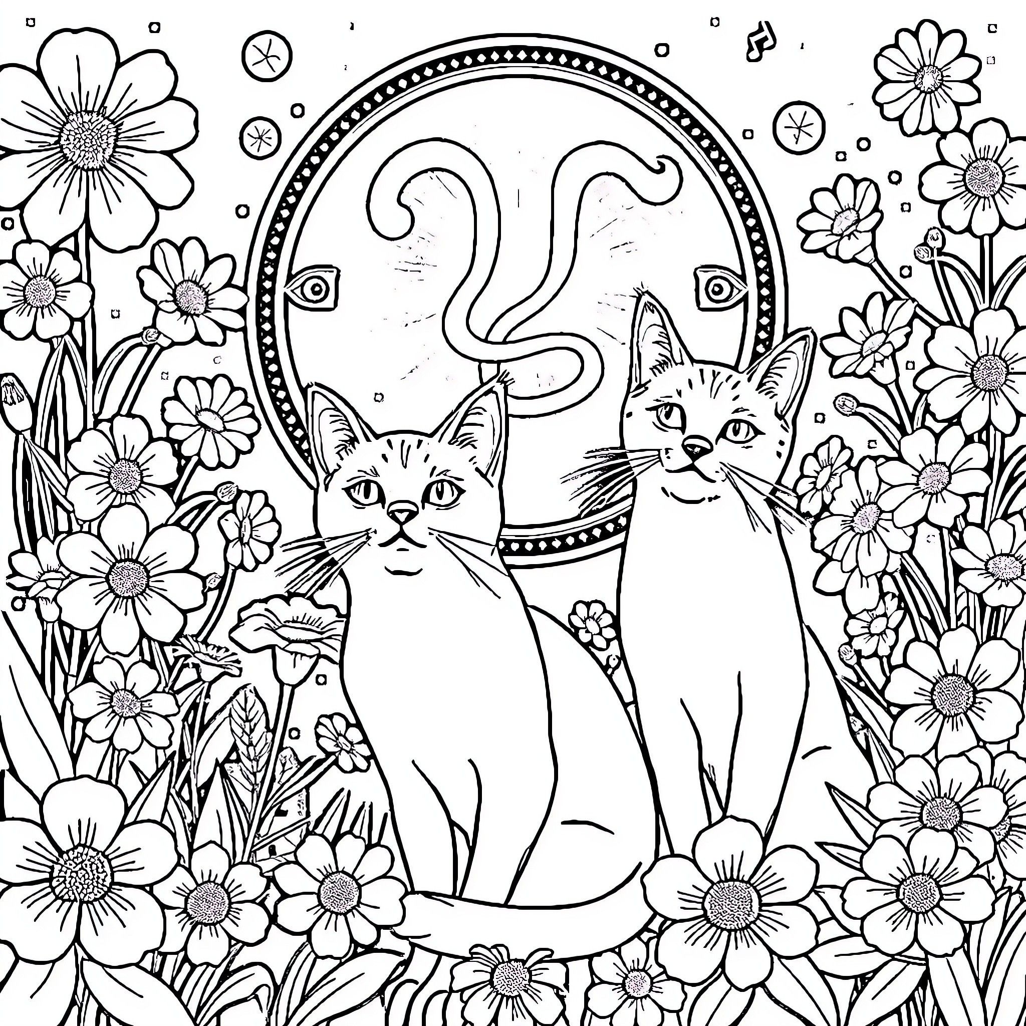 Cats Surrounded by Flowers in Decorative Frame Coloring Page (free black-and-white line drawing printable PDF for all, from beginners to advanced learners, including children, teens, adults, and seniors)