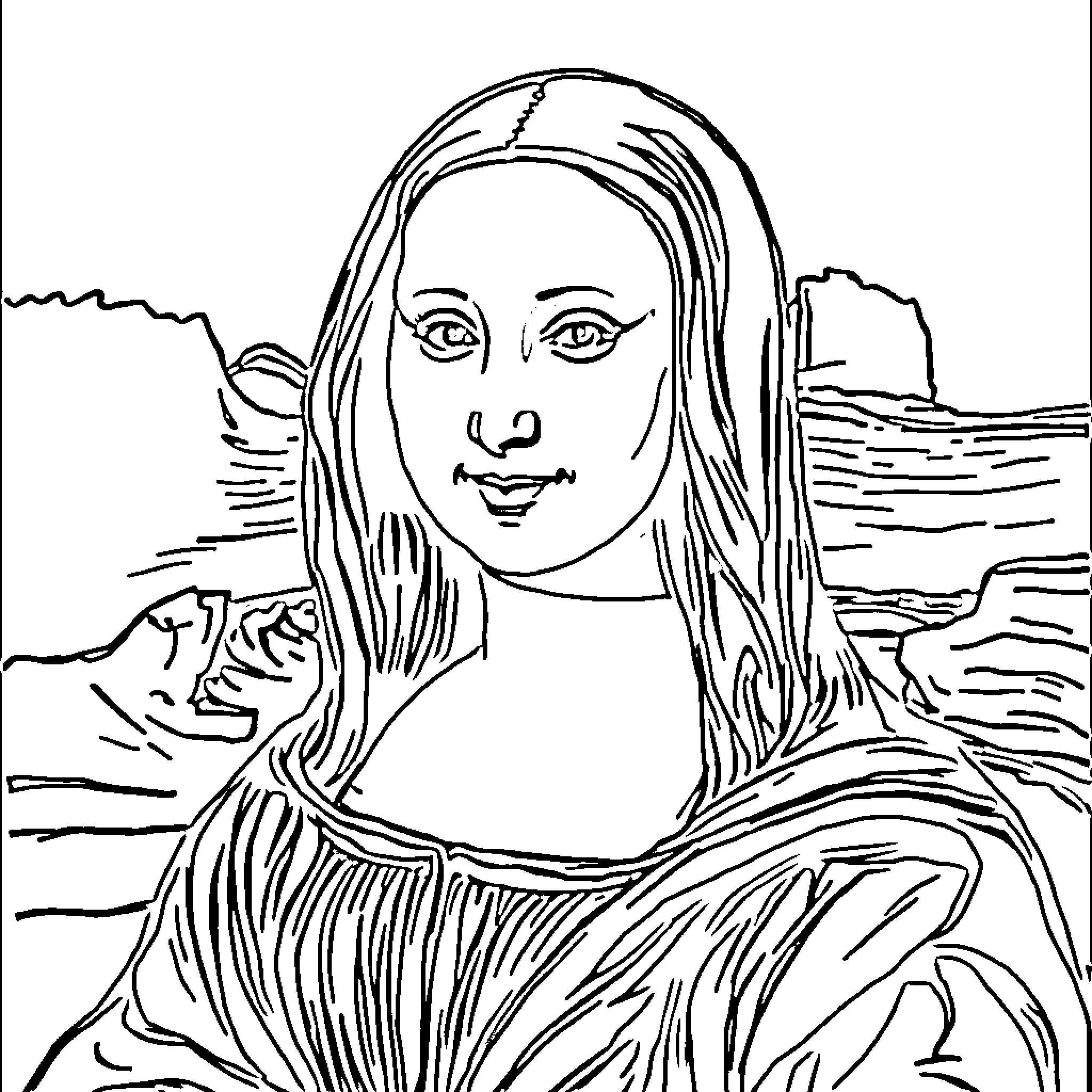 Mona Lisa with peaceful expression in landscape setting Coloring Page (free black-and-white line drawing printable PDF for all, from beginners to advanced learners, including children, teens, adults, and seniors)
