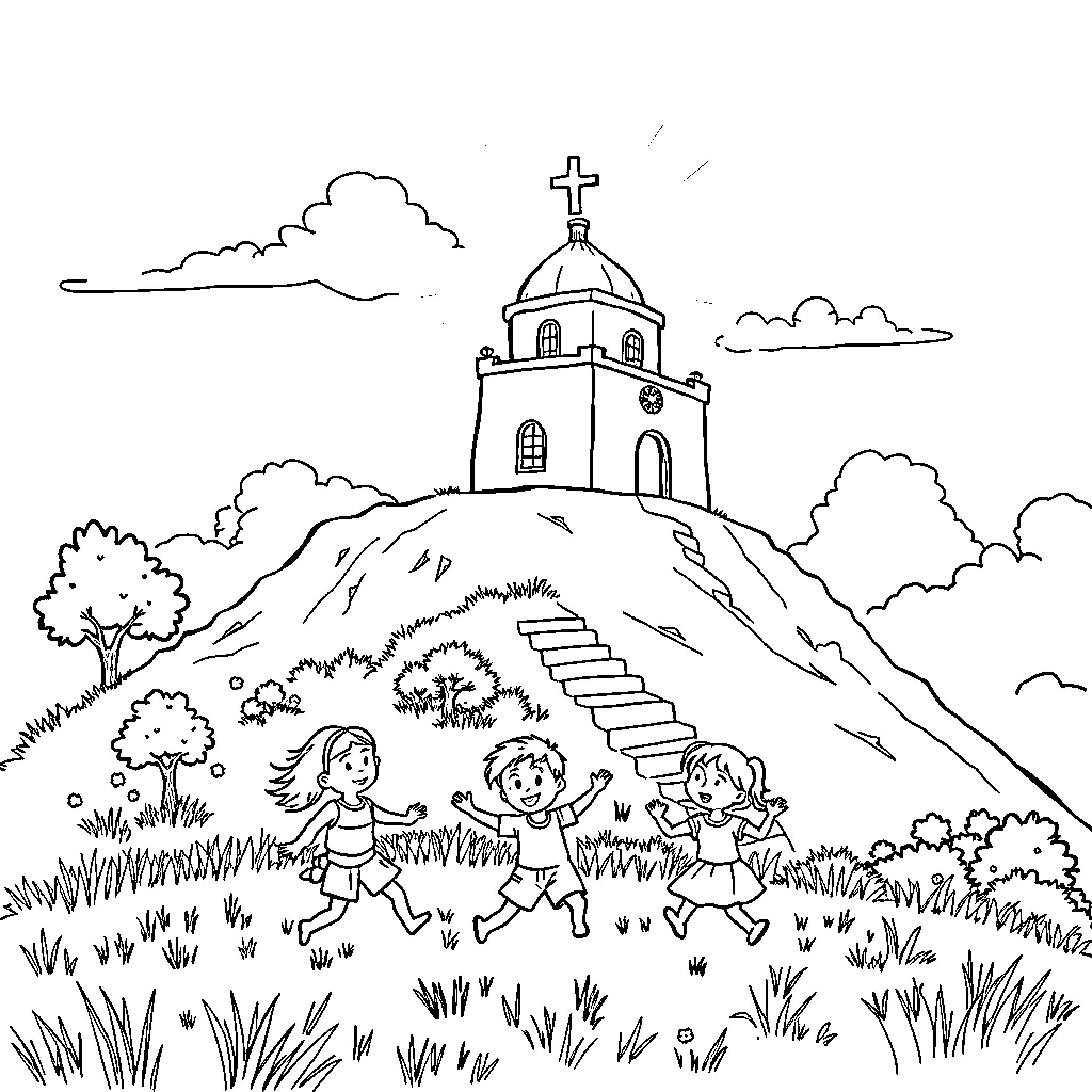 House of Worship on a Hillside with Children Playing Coloring Page (free black-and-white line drawing printable PDF for all, from beginners to advanced learners, including children, teens, adults, and seniors)