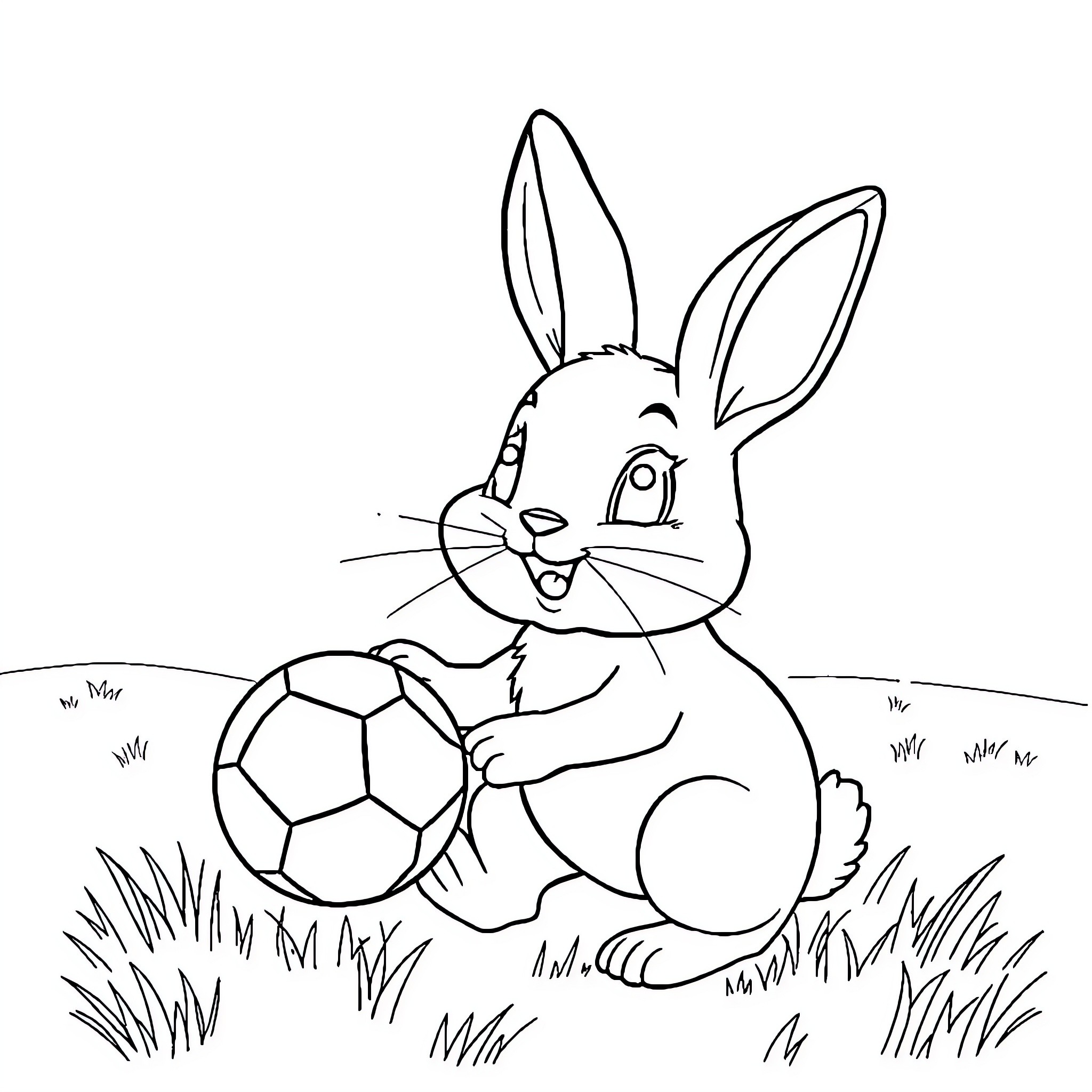 Bunny playing with a soccer ball in the grass Coloring Page (free black-and-white line drawing printable PDF for all, from beginners to advanced learners, including children, teens, adults, and seniors)
