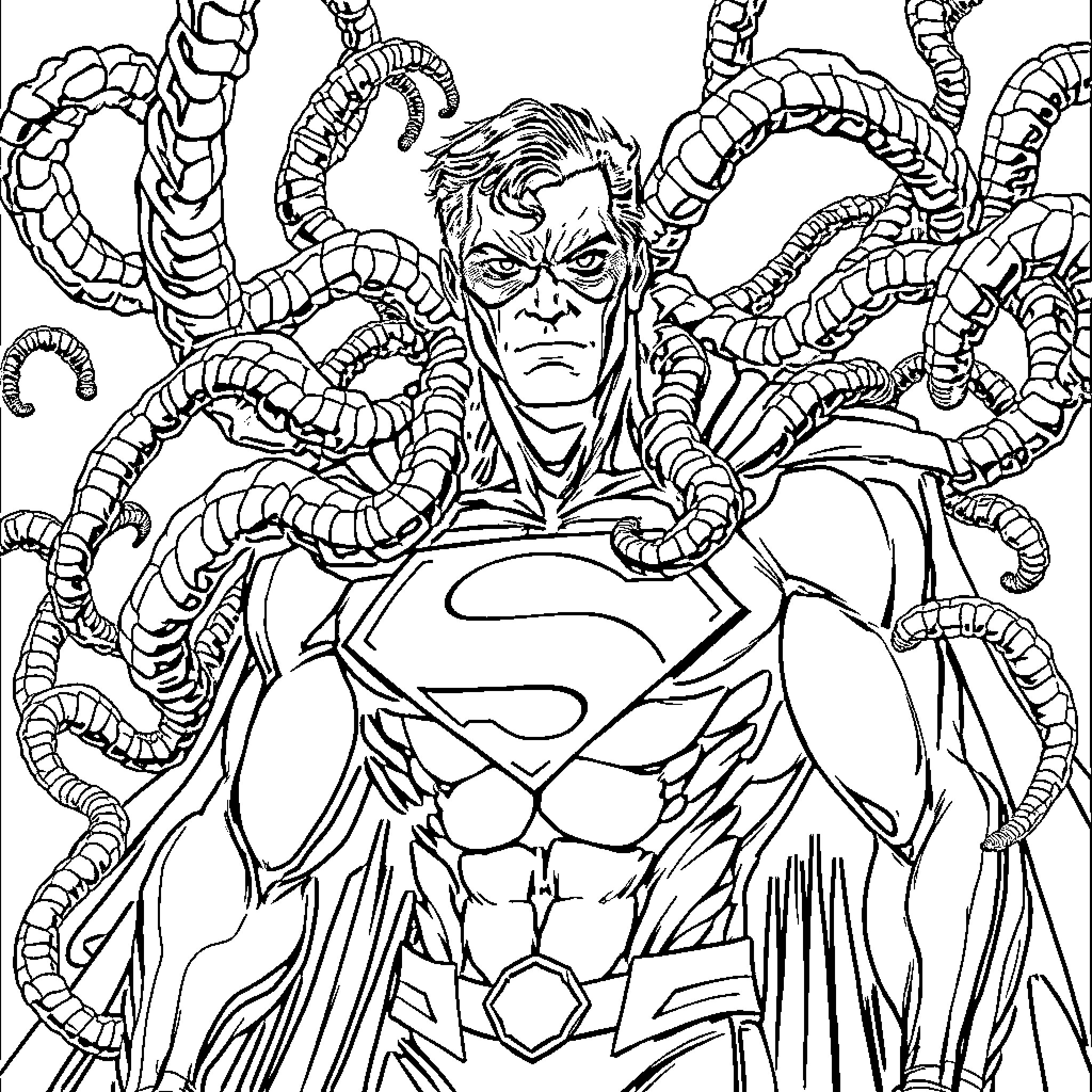 Superman confronting a formidable foe with tentacles Coloring Page (free black-and-white line drawing printable PDF for all, from beginners to advanced learners, including children, teens, adults, and seniors)