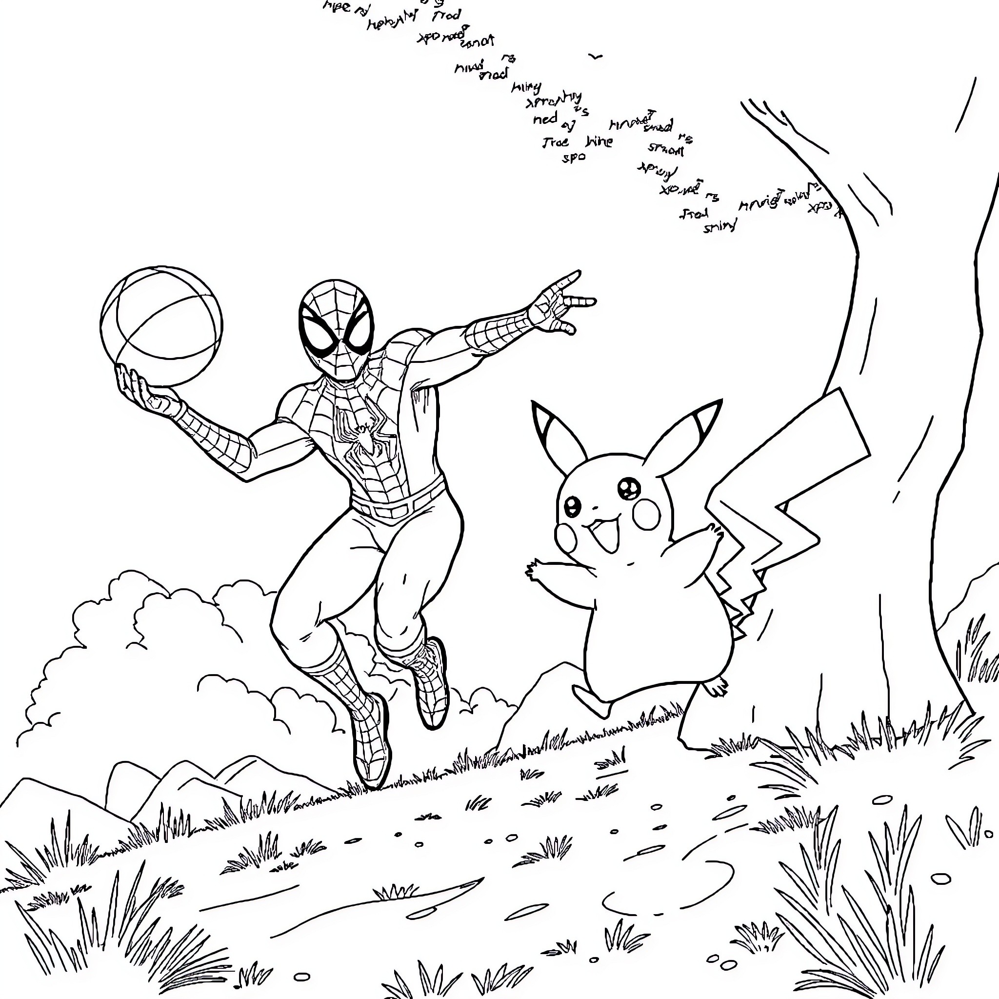 Spiderman chasing Pikachu in a nature scene Coloring Page (free black-and-white line drawing printable PDF for all, from beginners to advanced learners, including children, teens, adults, and seniors)