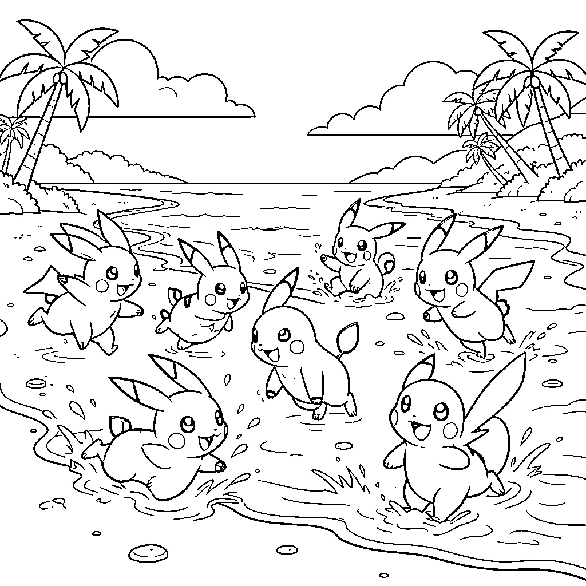 Pokémon playing joyfully in the tropical ocean waves Coloring Page (free black-and-white line drawing printable PDF for all, from beginners to advanced learners, including children, teens, adults, and seniors)