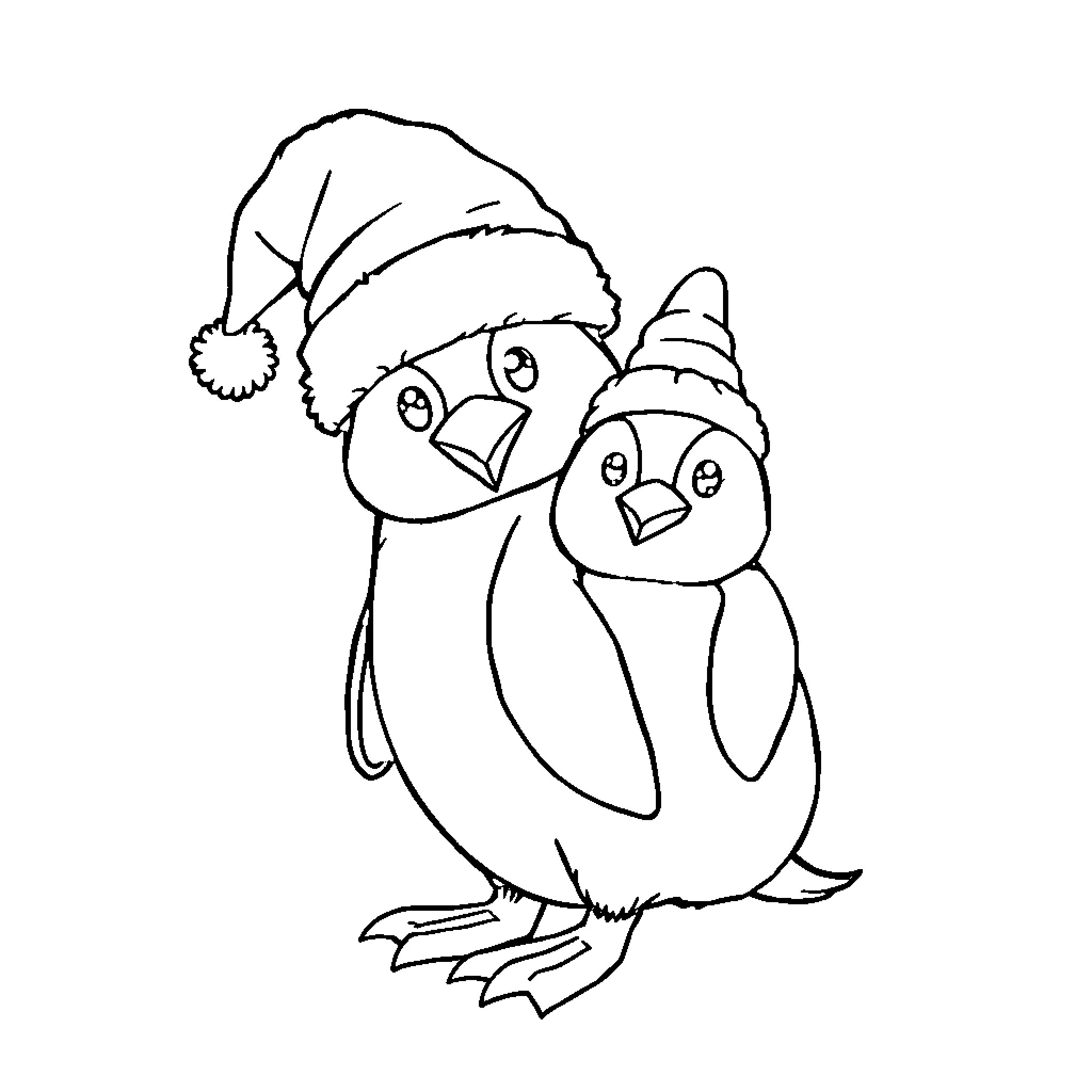 Penguin Couple Celebrating in Winter Outfits Coloring Page (free black-and-white line drawing printable PDF for all, from beginners to advanced learners, including children, teens, adults, and seniors)
