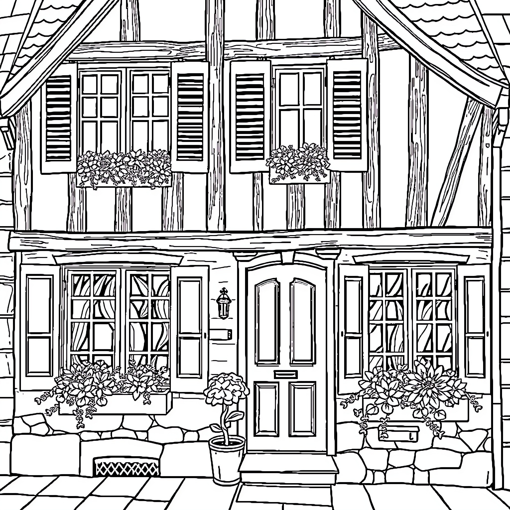 Alsatian House with Quaint Charm and Blooming Flowers Coloring Page (free black-and-white line drawing printable PDF for all, from beginners to advanced learners, including children, teens, adults, and seniors)