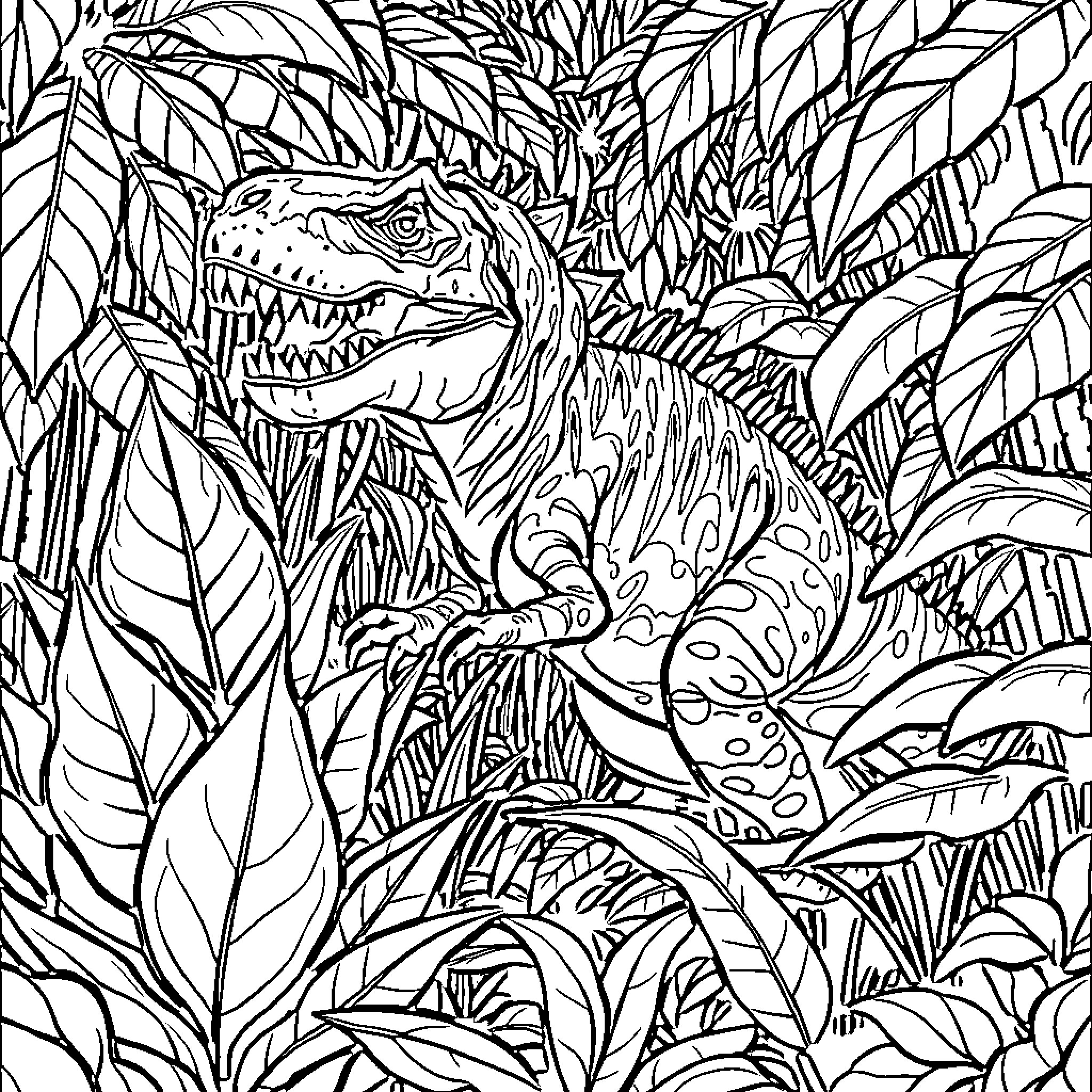 Indominus Rex dinosaur in lush, overgrown environment Coloring Page (free black-and-white line drawing printable PDF for all, from beginners to advanced learners, including children, teens, adults, and seniors)