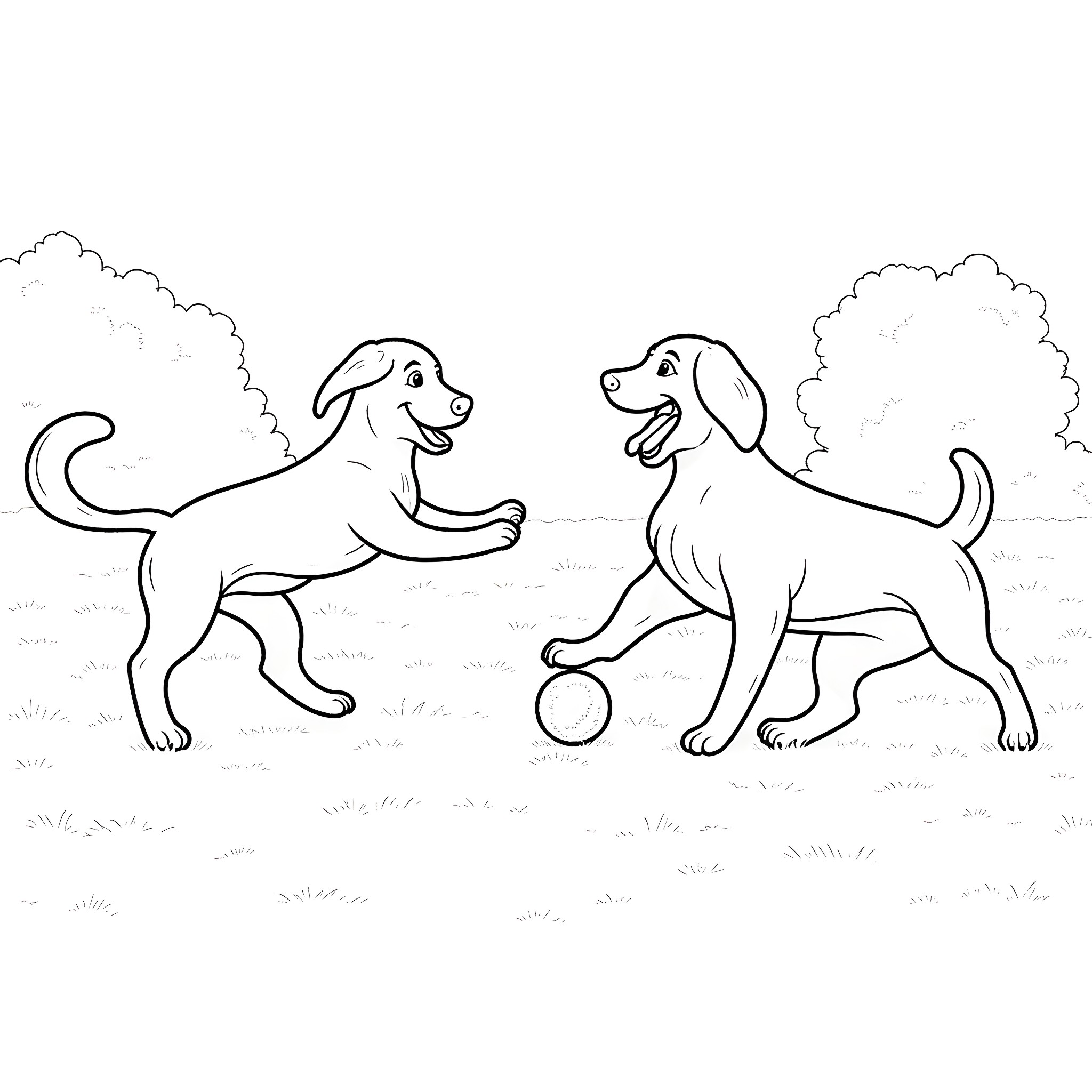 Entlebucher Mountain Dogs playing with a ball Coloring Page (free black-and-white line drawing printable PDF for all, from beginners to advanced learners, including children, teens, adults, and seniors)