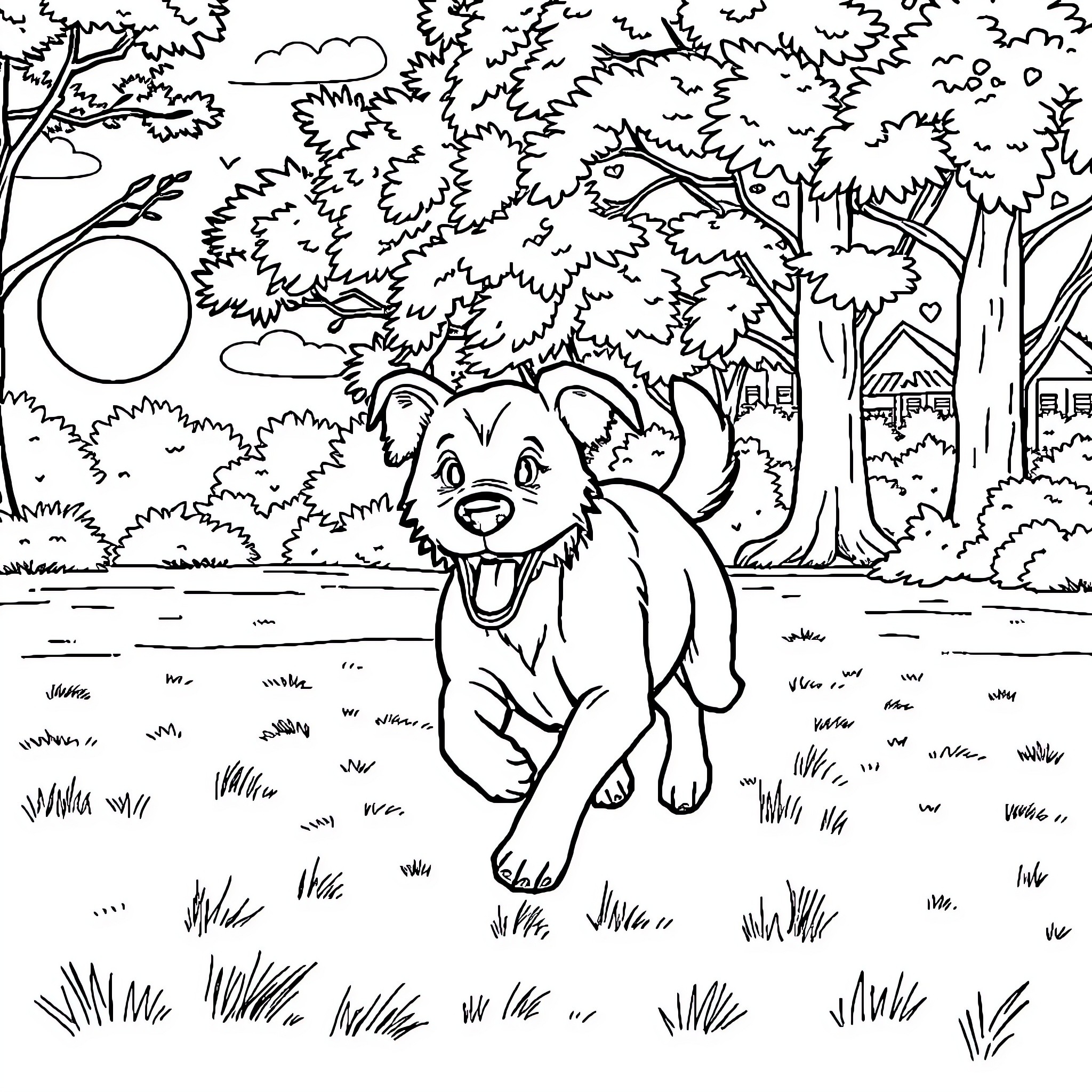 Dog running happily in the park Coloring Page (free black-and-white line drawing printable PDF for all, from beginners to advanced learners, including children, teens, adults, and seniors)