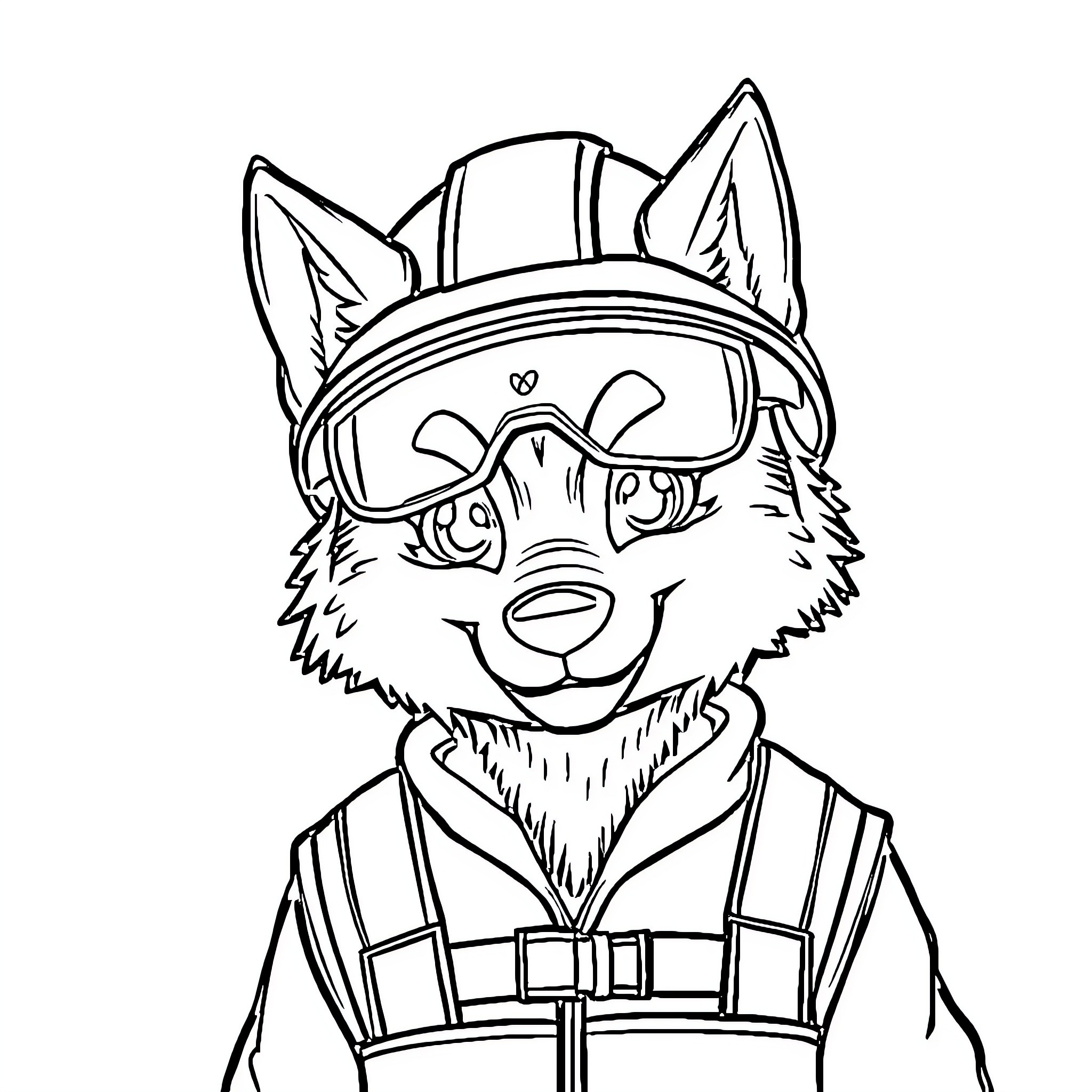 Wolf wearing a construction worker's helmet and uniform Coloring Page (free black-and-white line drawing printable PDF for all, from beginners to advanced learners, including children, teens, adults, and seniors)