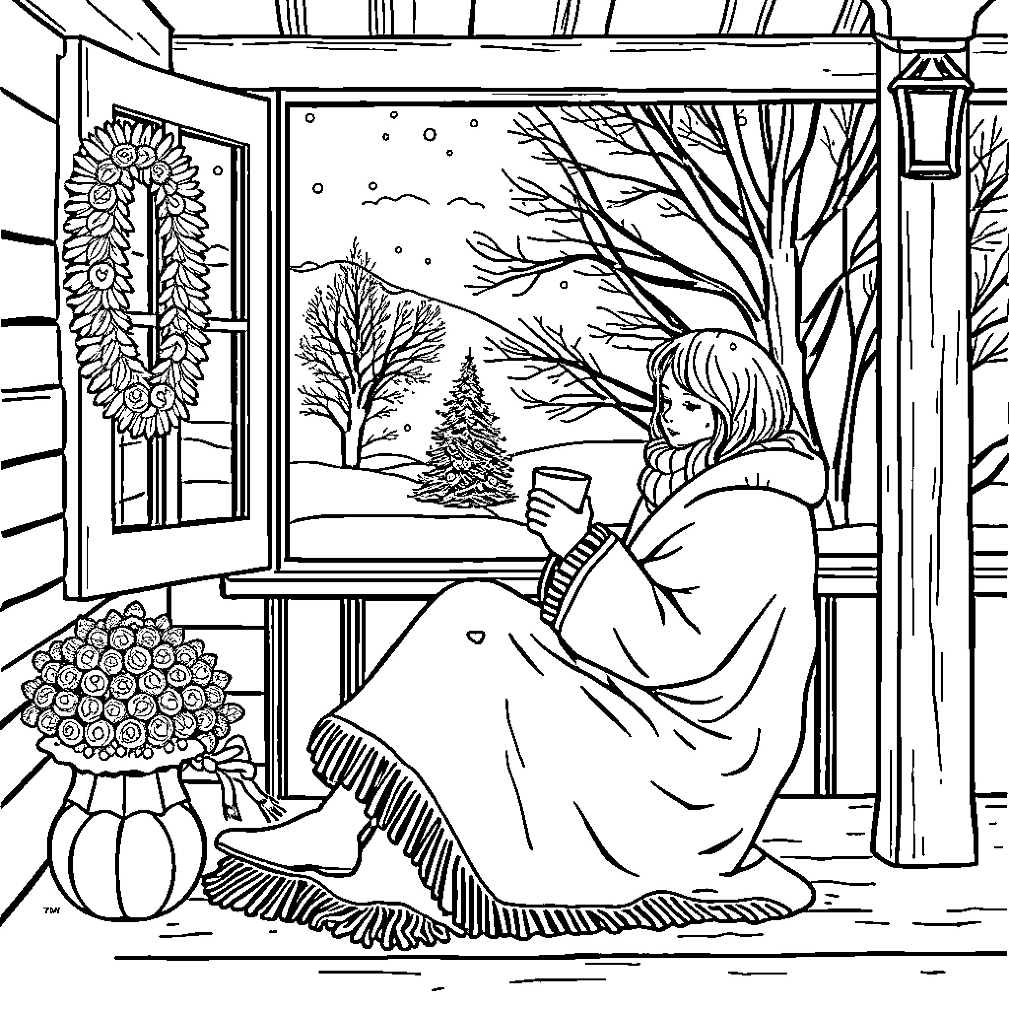 Girl enjoying cozy winter evening by the window Coloring Page (free black-and-white line drawing printable PDF for all, from beginners to advanced learners, including children, teens, adults, and seniors)