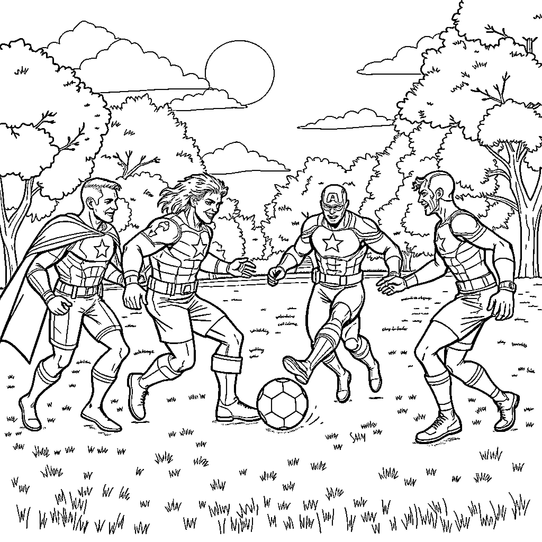Avengers playing soccer in a moonlit forest Coloring Page (free black-and-white line drawing printable PDF for all, from beginners to advanced learners, including children, teens, adults, and seniors)