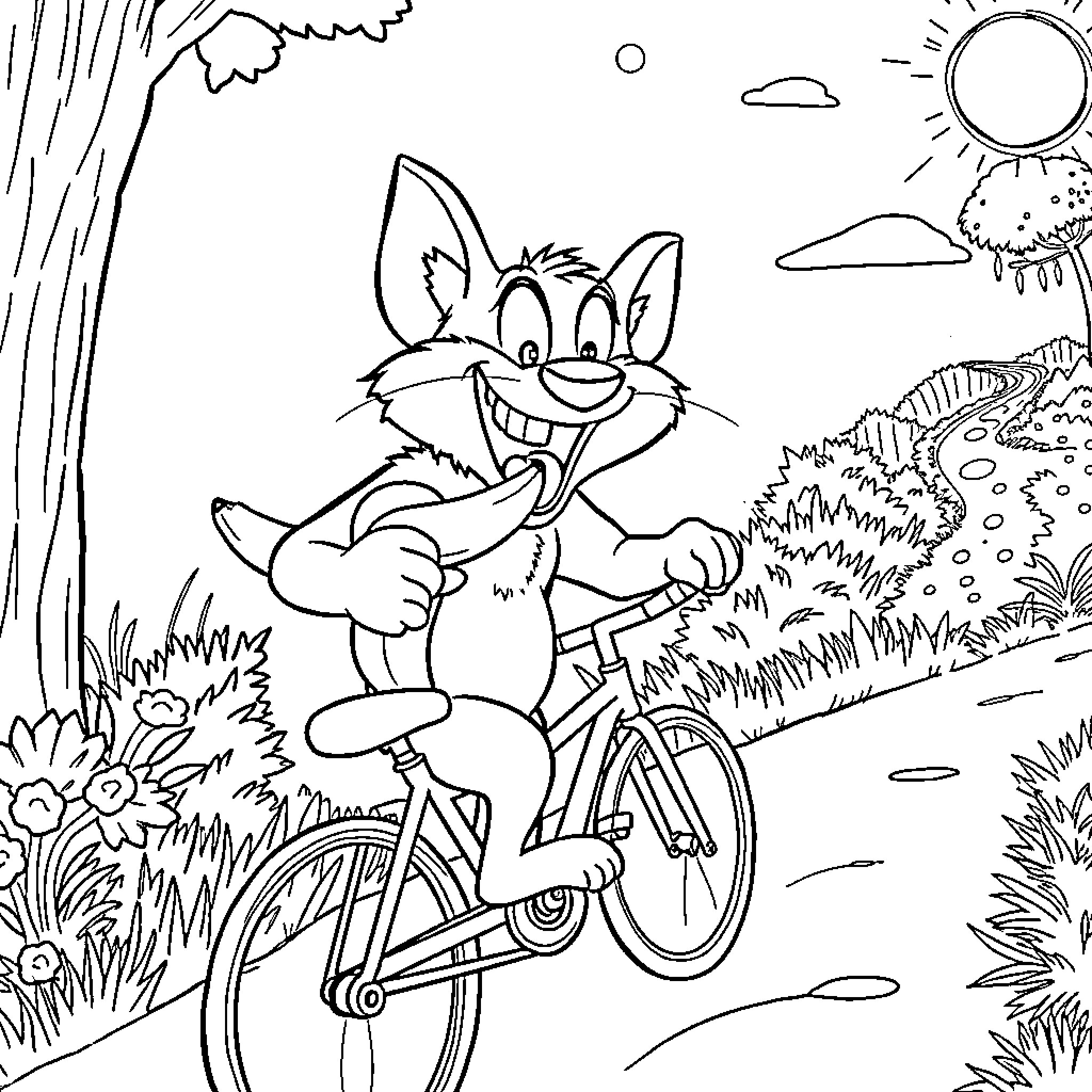 Taz riding a bicycle through the forest Coloring Page (free black-and-white line drawing printable PDF for all, from beginners to advanced learners, including children, teens, adults, and seniors)