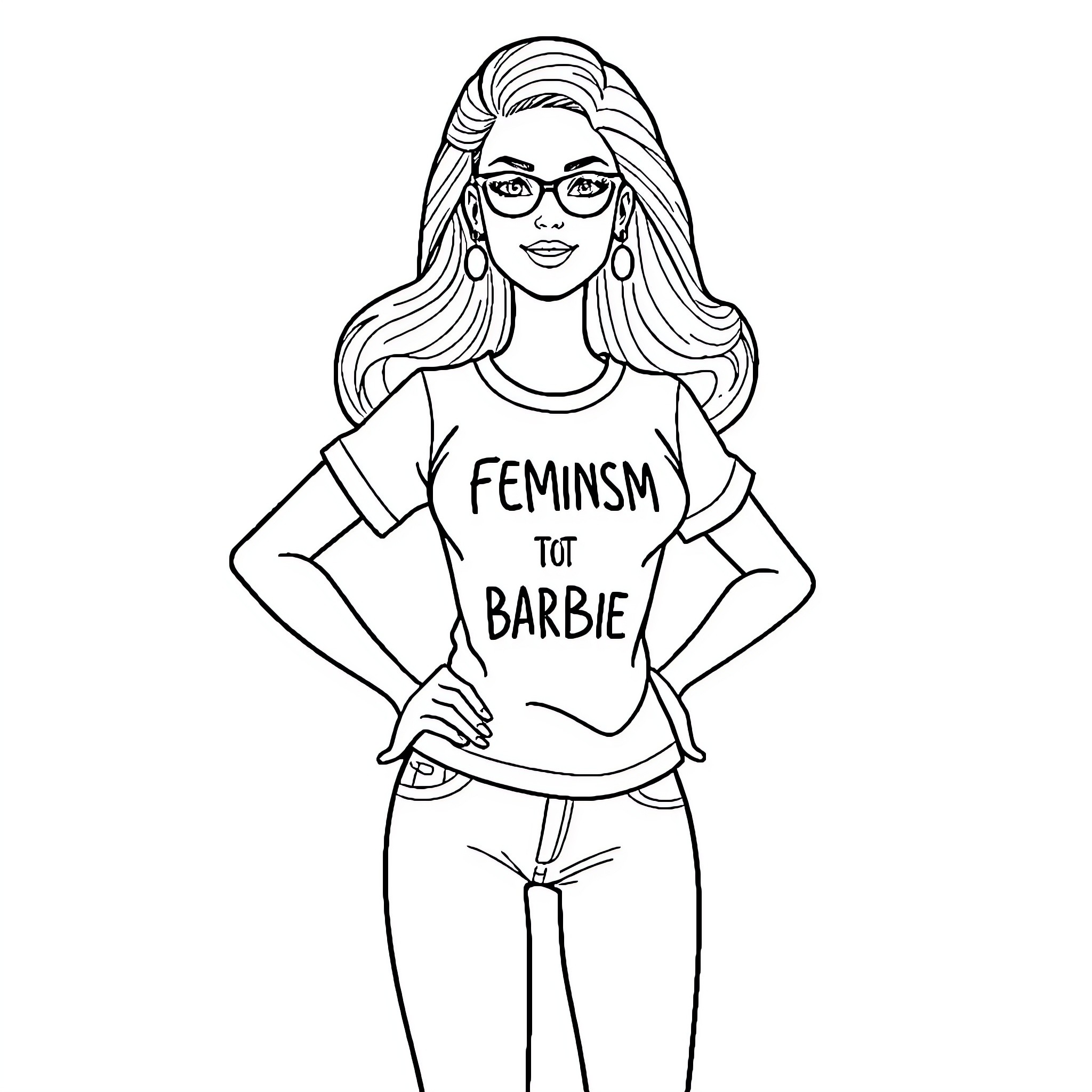 Barbie Promoting Feminism with T-shirt Coloring Page (free black-and-white line drawing printable PDF for all, from beginners to advanced learners, including children, teens, adults, and seniors)