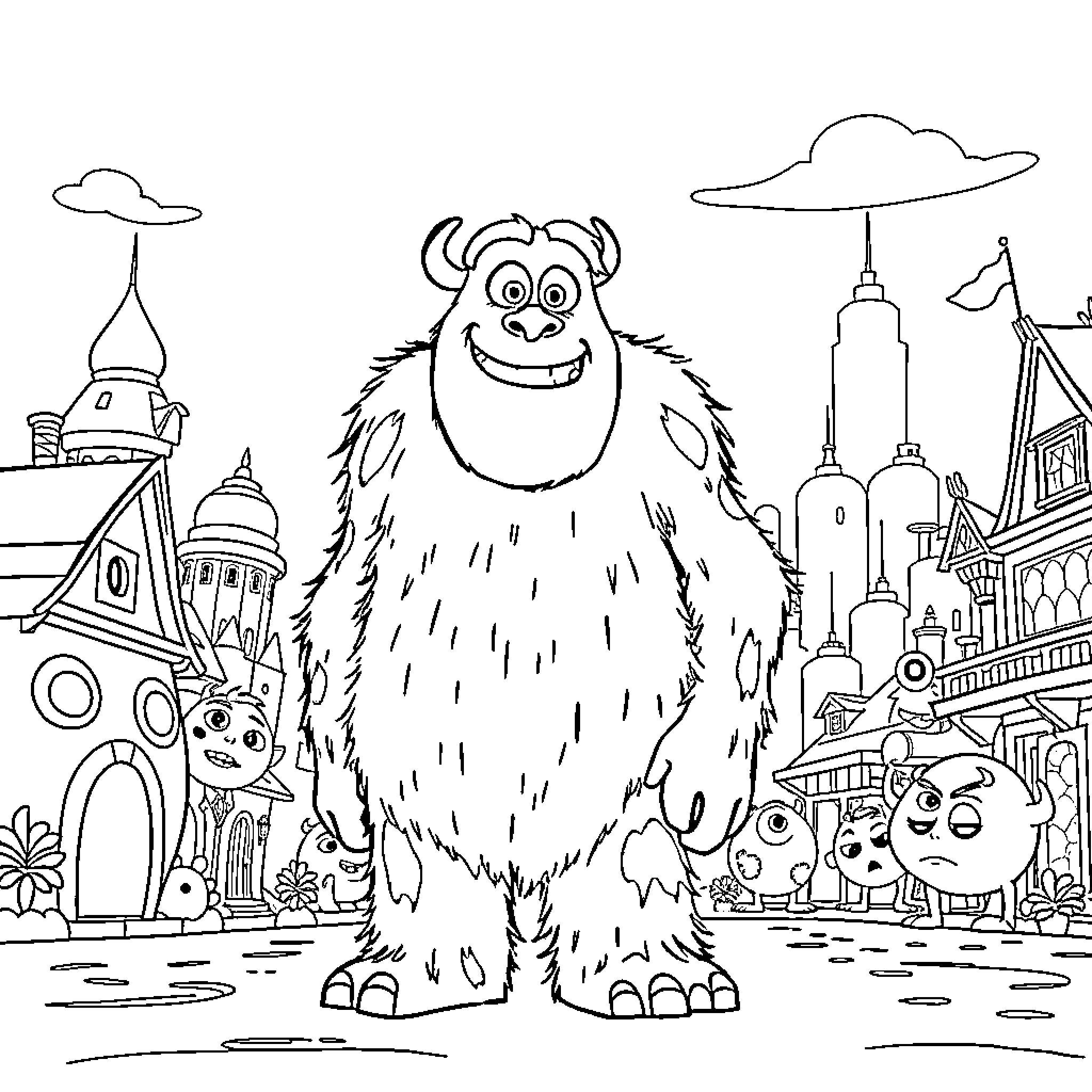 Sully's Monstrous City Expedition Coloring Page (free black-and-white line drawing printable PDF for all, from beginners to advanced learners, including children, teens, adults, and seniors)
