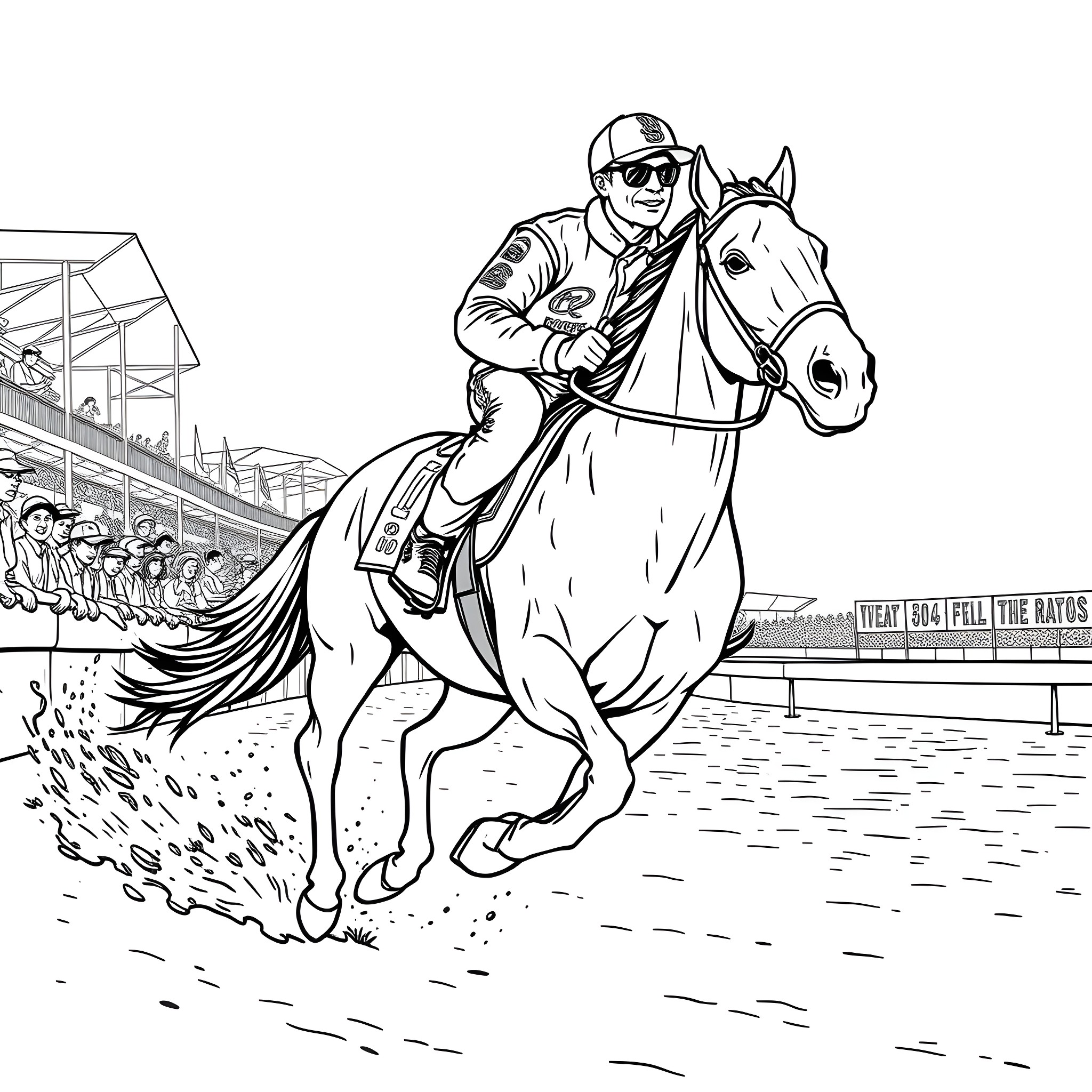 Dale Earnhardt Racing Powerful Horse on Track Coloring Page (free black-and-white line drawing printable PDF for all, from beginners to advanced learners, including children, teens, adults, and seniors)