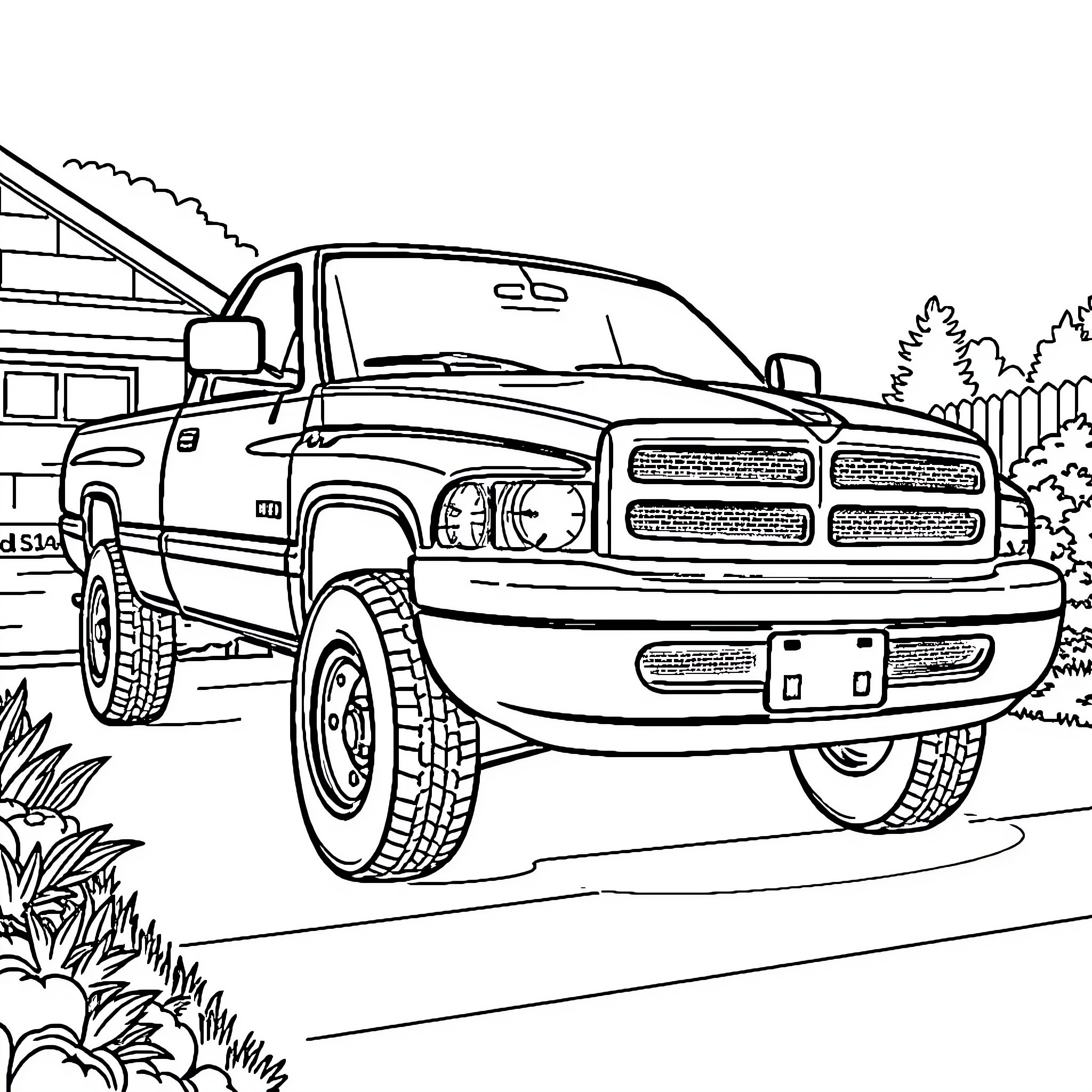 Dodge Ram truck in outdoor scene Coloring Page (free black-and-white line drawing printable PDF for all, from beginners to advanced learners, including children, teens, adults, and seniors)