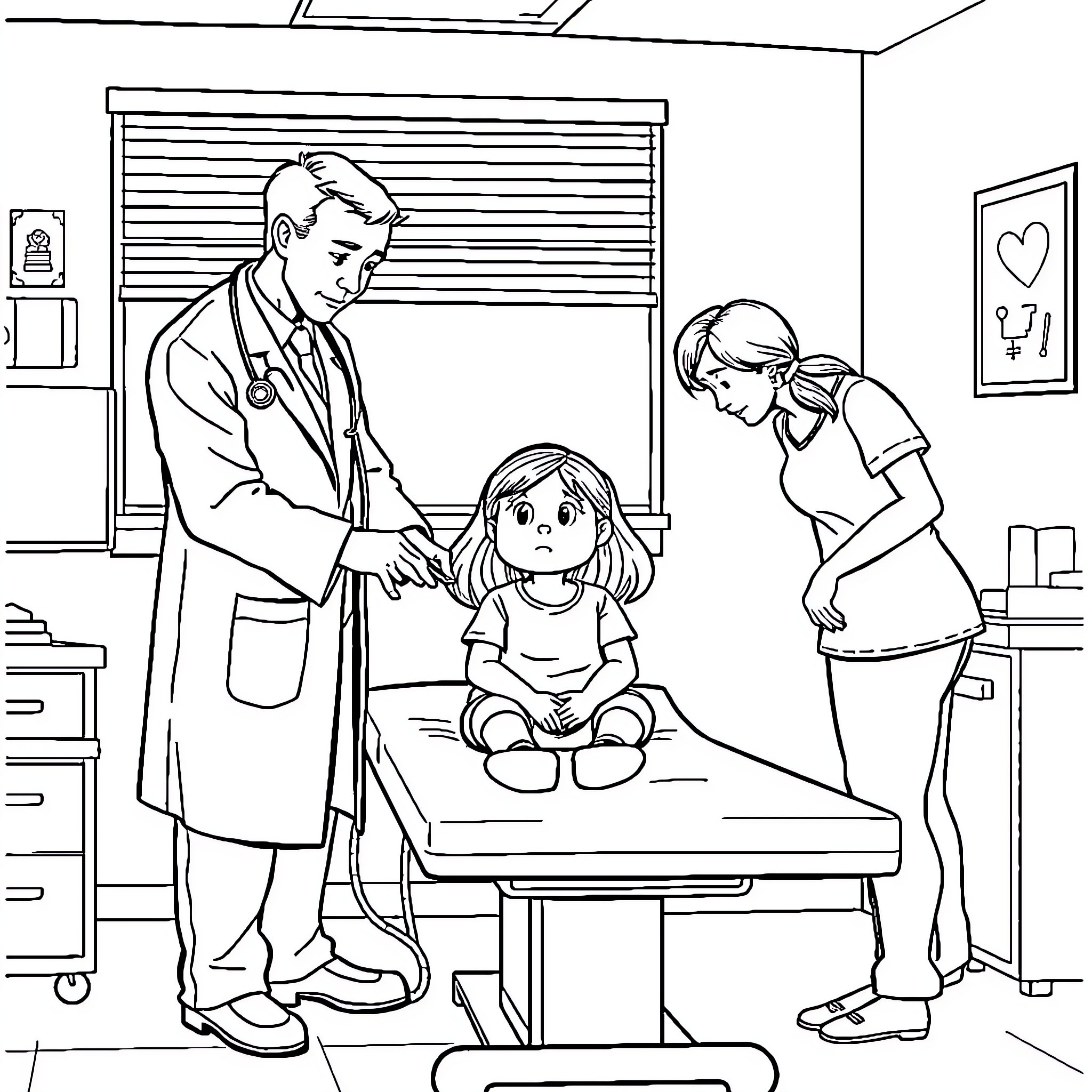 Doctor Examining Young Patient with Caregiver Coloring Page (free black-and-white line drawing printable PDF for all, from beginners to advanced learners, including children, teens, adults, and seniors)