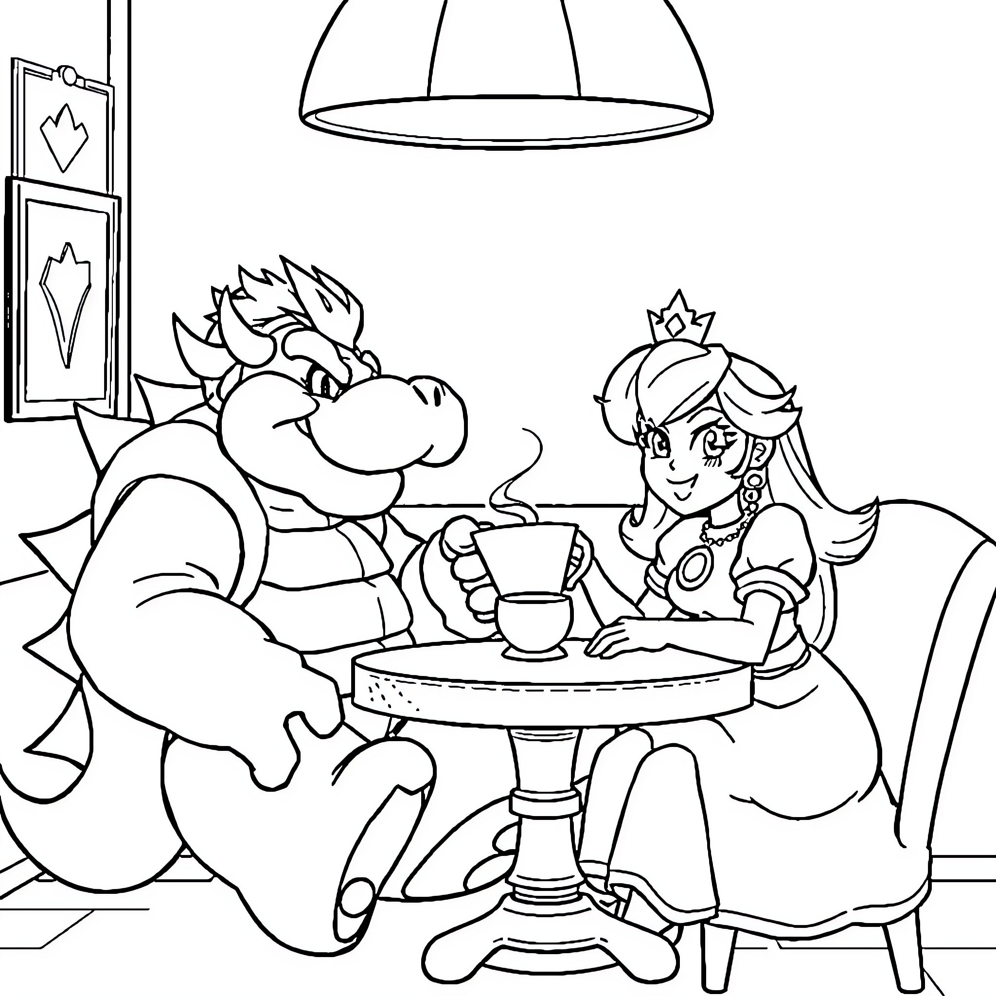 Bowser and Princess having tea together Coloring Page (free black-and-white line drawing printable PDF for all, from beginners to advanced learners, including children, teens, adults, and seniors)