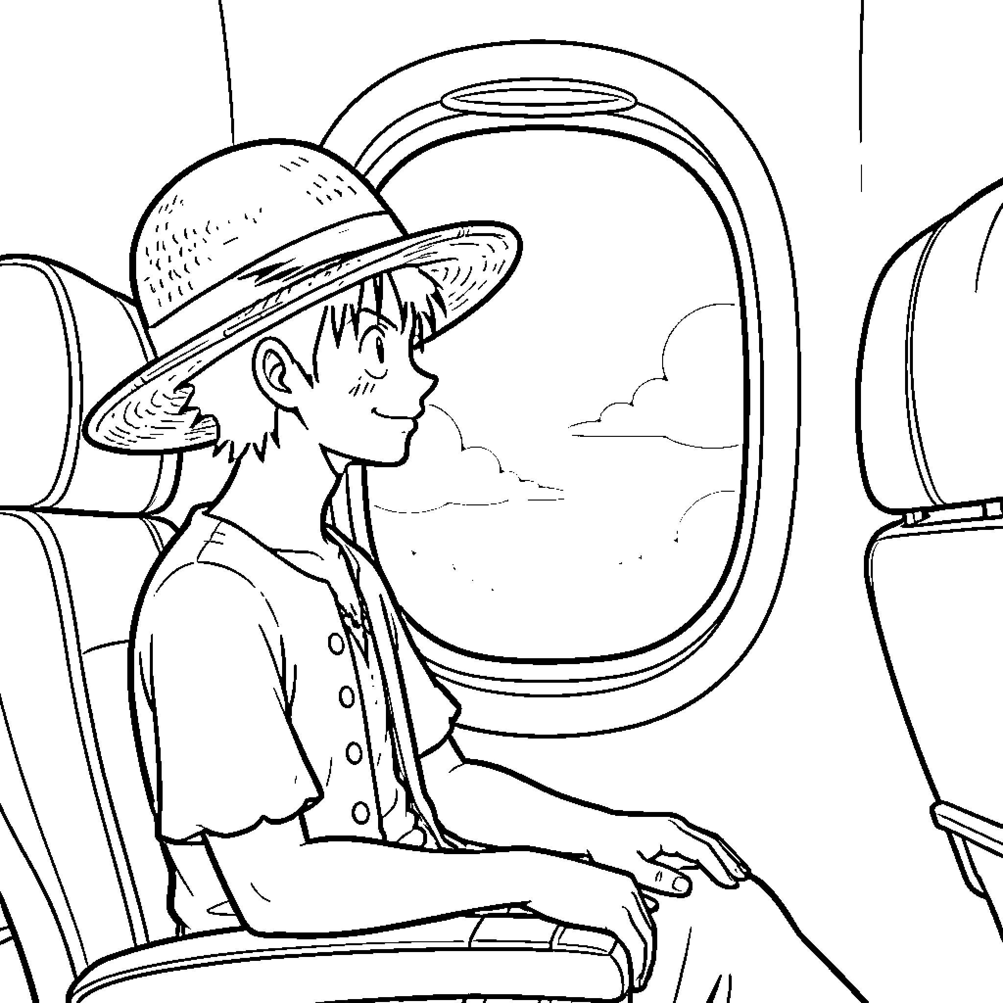 Luffy enjoying a view from airplane window Coloring Page (free black-and-white line drawing printable PDF for all, from beginners to advanced learners, including children, teens, adults, and seniors)