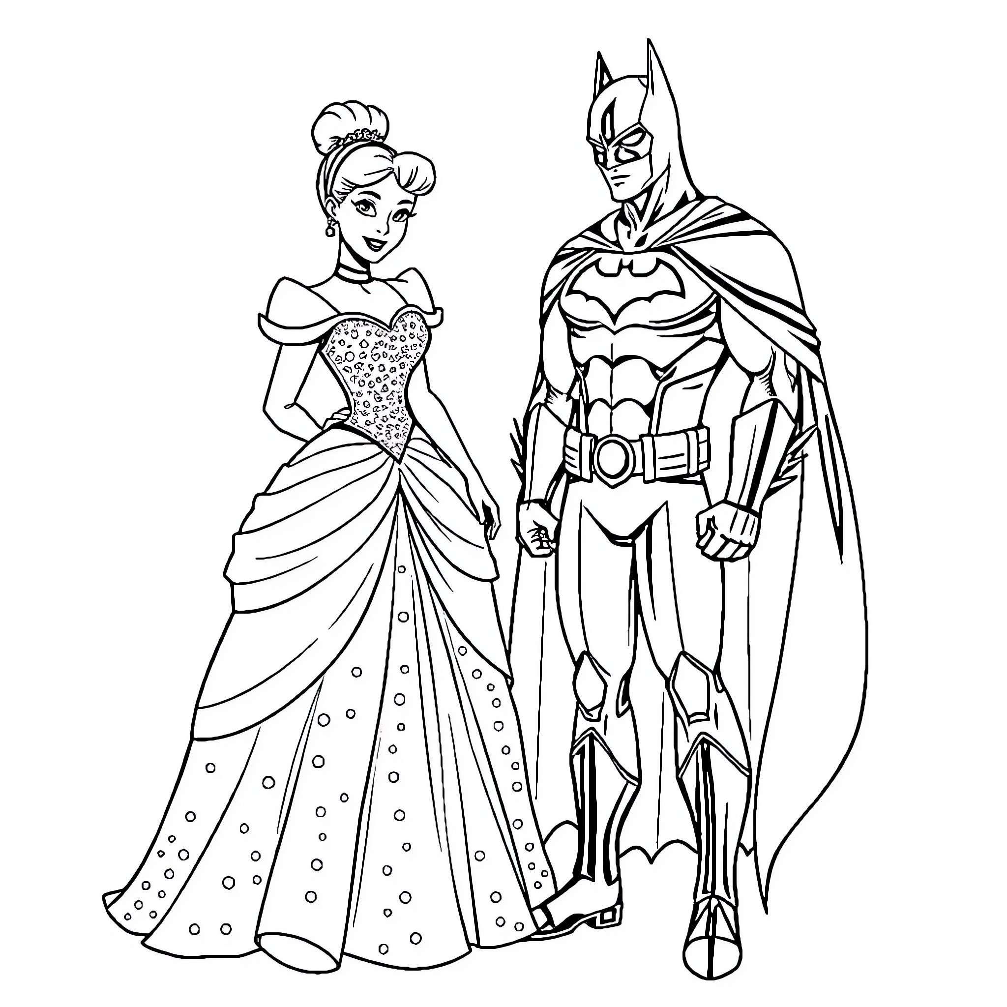 Princess and Superhero in Formal Attire Coloring Page (free black-and-white line drawing printable PDF for all, from beginners to advanced learners, including children, teens, adults, and seniors)