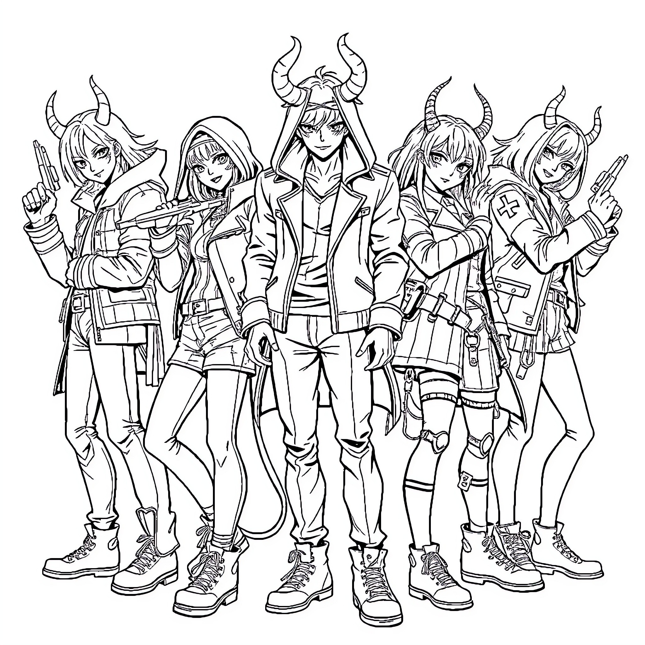 Demon Hunter Squad Strikes a Heroic Pose Coloring Page (free black-and-white line drawing printable PDF for all, from beginners to advanced learners, including children, teens, adults, and seniors)