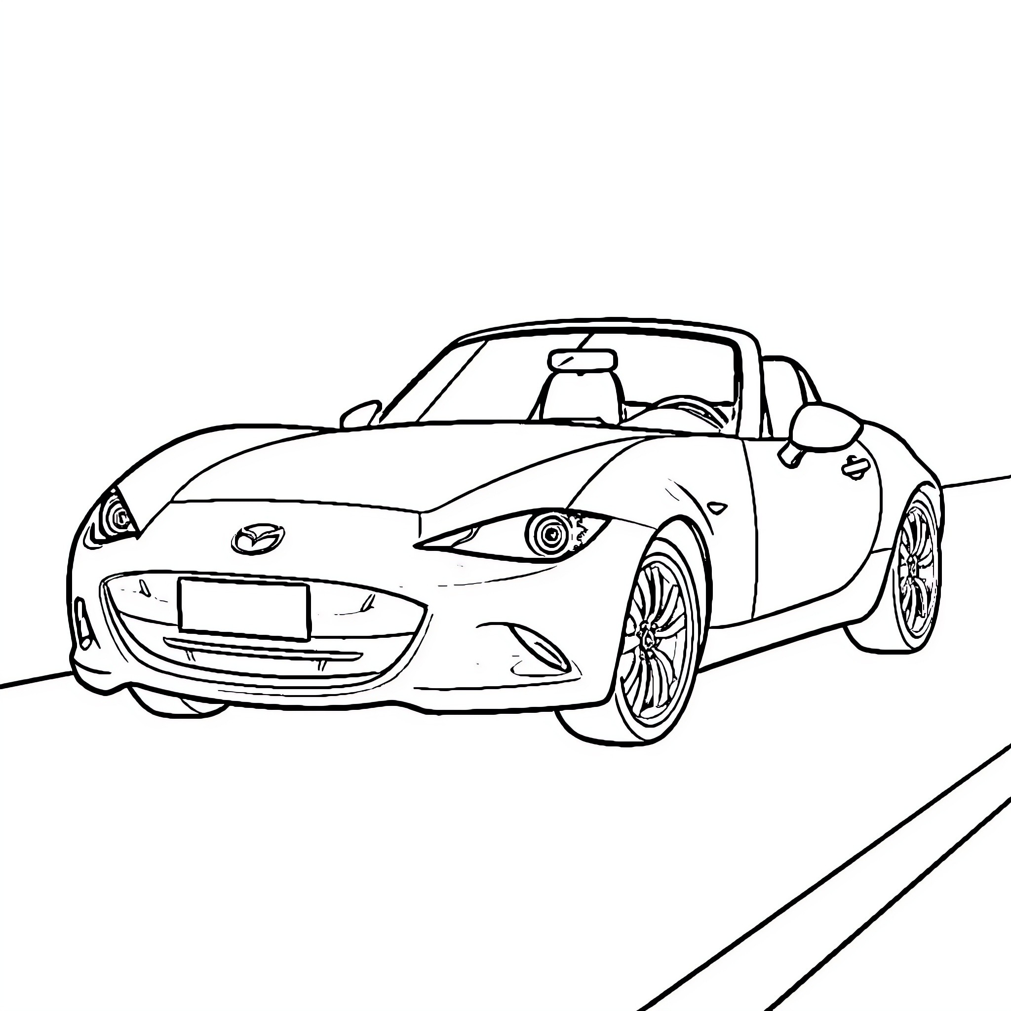 Mazda sports car speeding on the road Coloring Page (free black-and-white line drawing printable PDF for all, from beginners to advanced learners, including children, teens, adults, and seniors)
