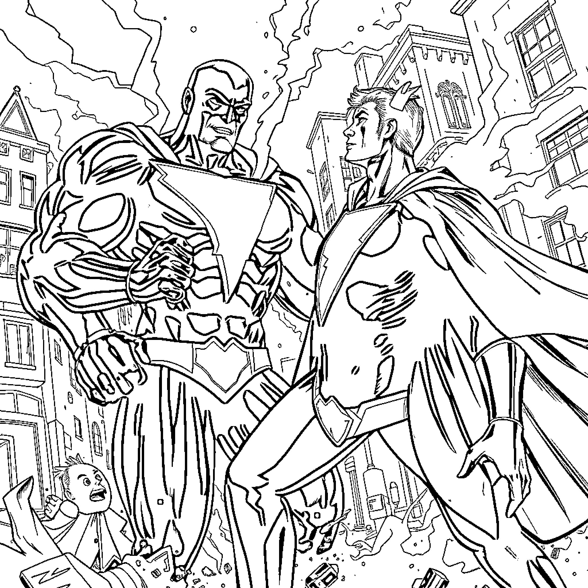 Shazam confronting villainous characters in the city Coloring Page (free black-and-white line drawing printable PDF for all, from beginners to advanced learners, including children, teens, adults, and seniors)