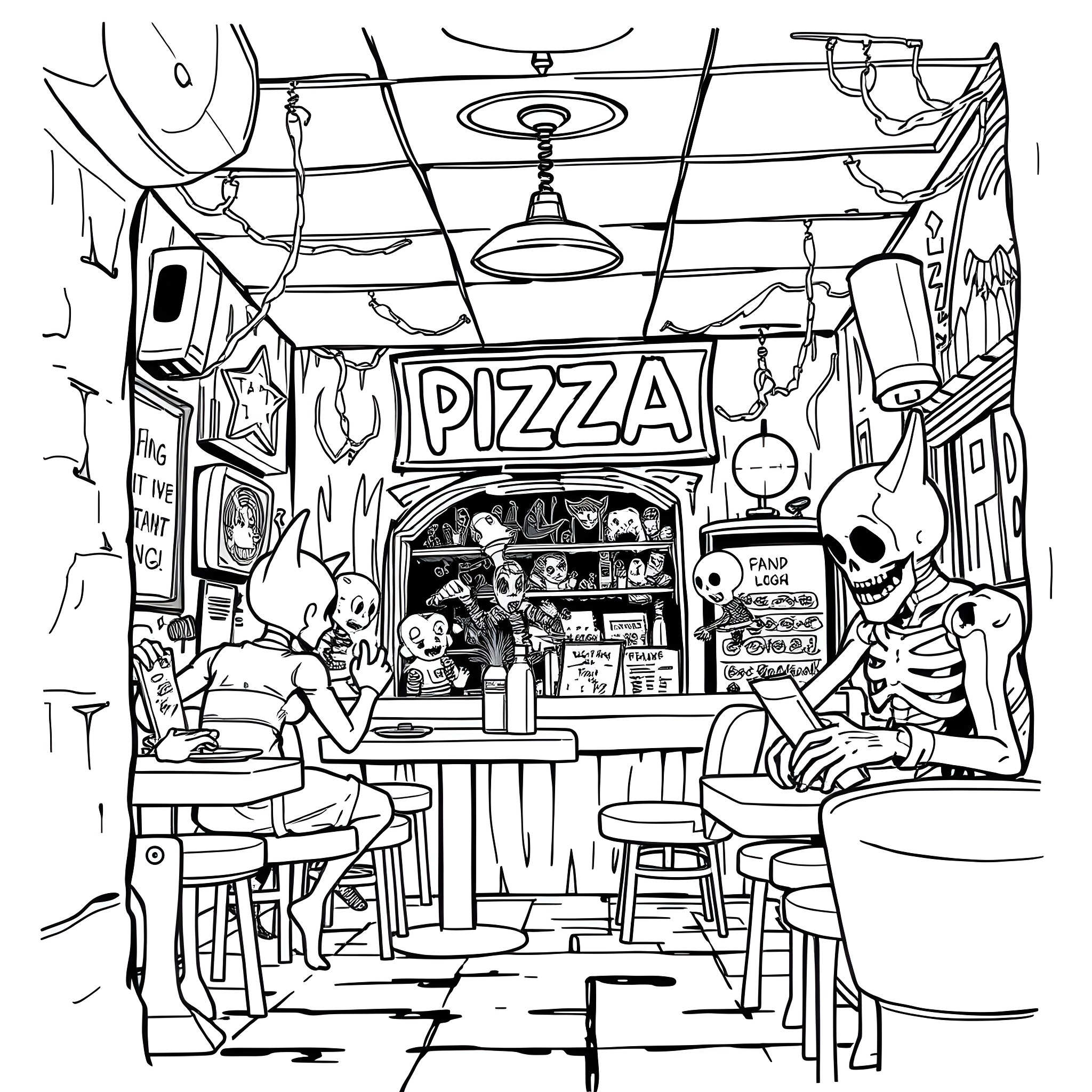 Five Nights At Freddy's - Lively Pizzeria Interior Coloring Page (free black-and-white line drawing printable PDF for all, from beginners to advanced learners, including children, teens, adults, and seniors)