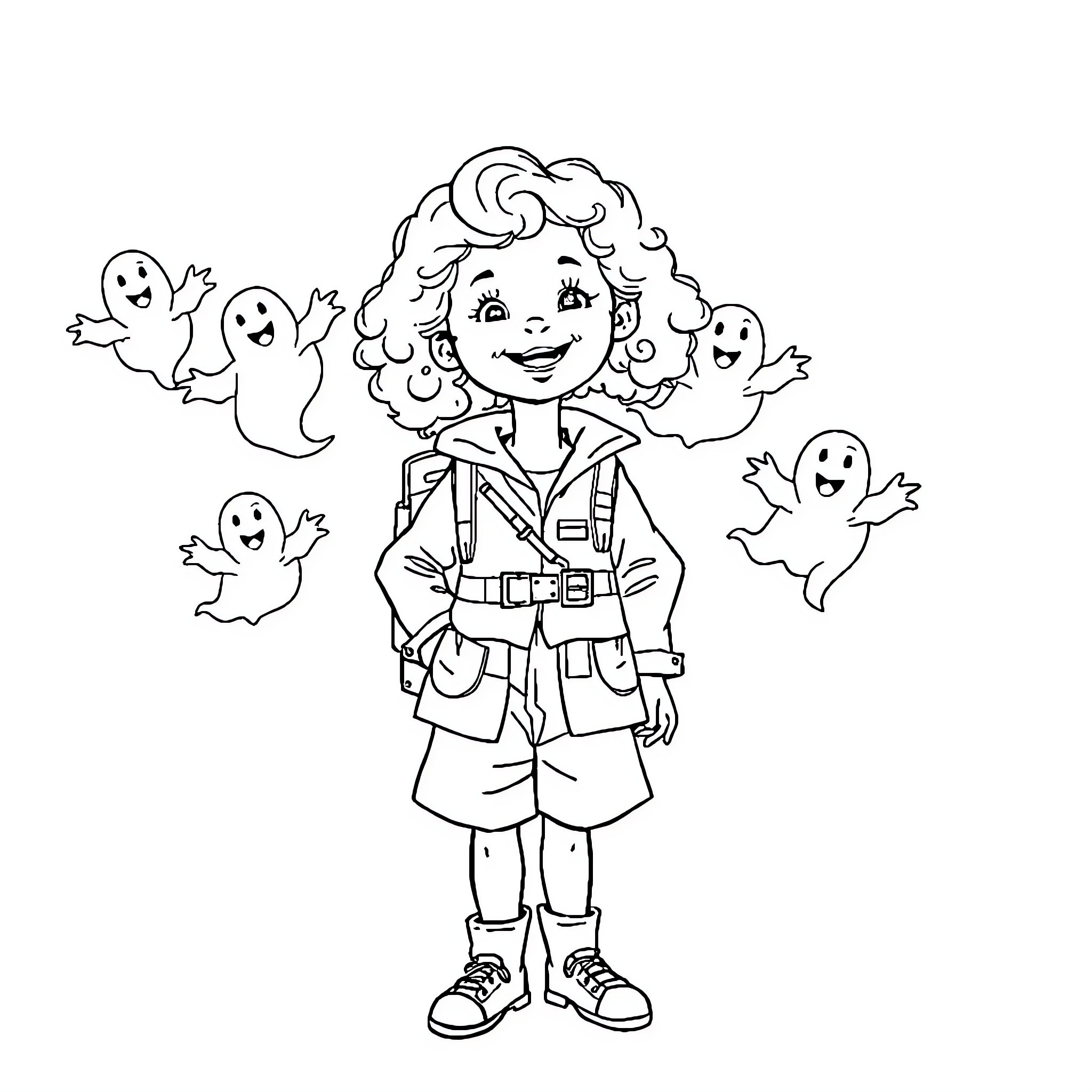 Girl exploring with ghostly friends Coloring Page (free black-and-white line drawing printable PDF for all, from beginners to advanced learners, including children, teens, adults, and seniors)
